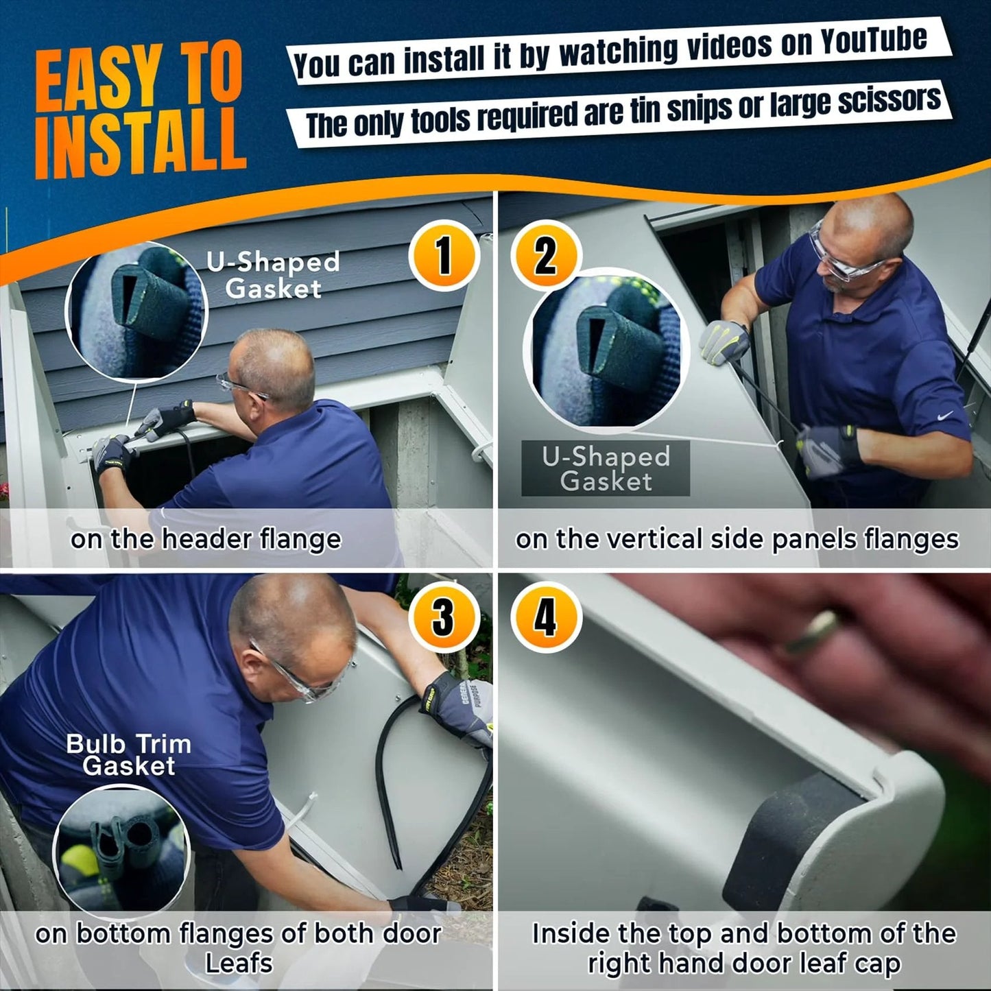 Installation steps for Basement Door Weatherstripping Kit For Bilco And Gordon Cellar Doors visuals for U-shaped and Bulb Trim gaskets.