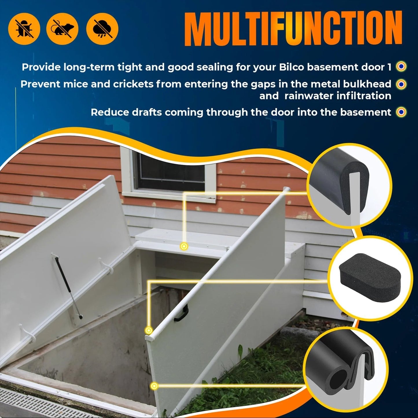 Basement Door Weatherstripping Kit For Bilco And Gordon Cellar Doors With 4 Cap Seal Pads 1 Bulb Trim Gasket And 1 U Shaped Gasket Black Replacement Seal Kit To Beat Drafts Improve Insulation And Fit Bilco Doors With Five Year Free Replacement, installed on Bilco doors.