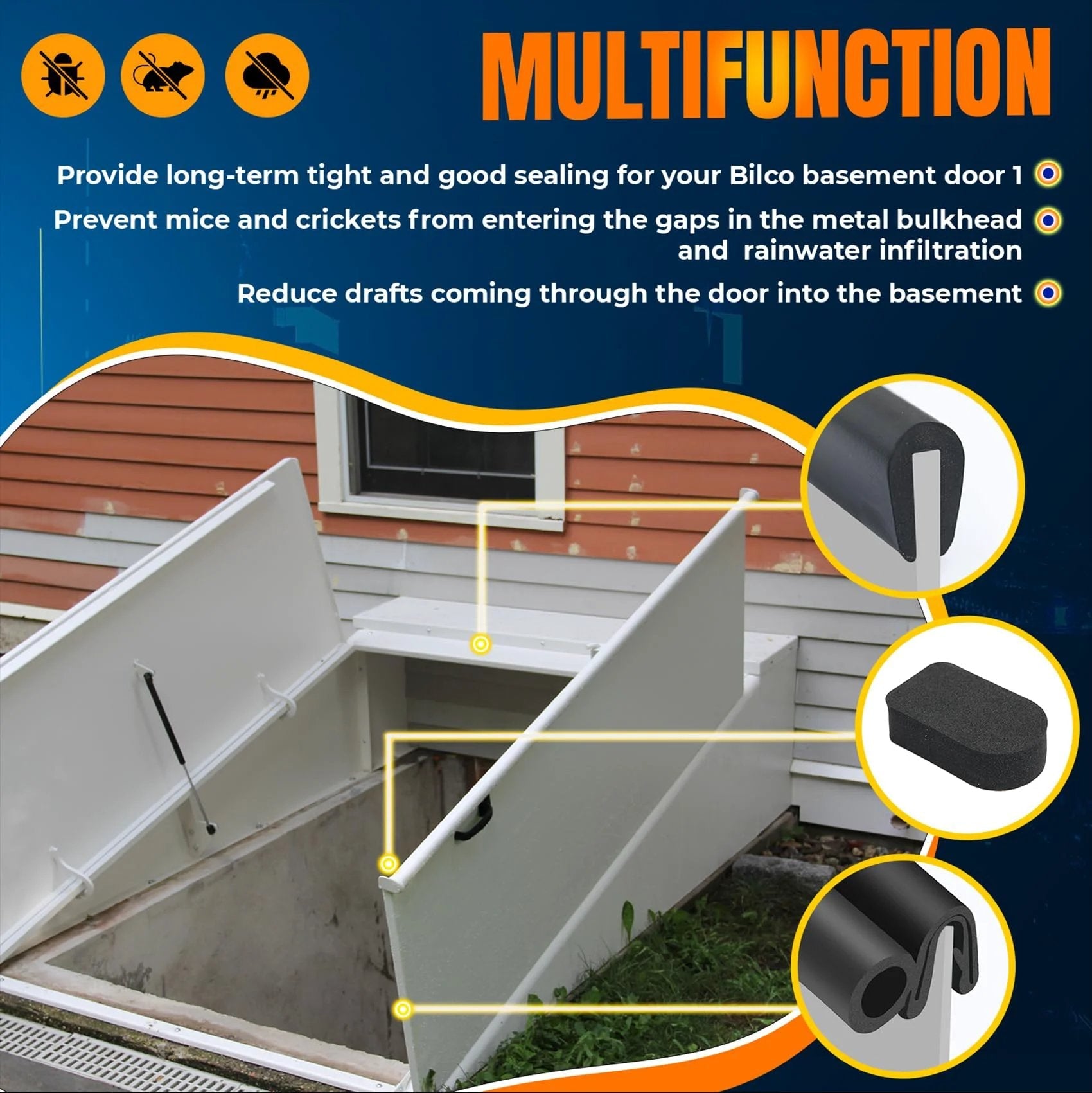 Basement Door Weatherstripping Kit For Bilco And Gordon Cellar Doors With 4 Cap Seal Pads 1 Bulb Trim Gasket And 1 U Shaped Gasket Black Replacement Seal Kit To Beat Drafts Improve Insulation And Fit Bilco Doors With Five Year Free Replacement, installed on Bilco doors.