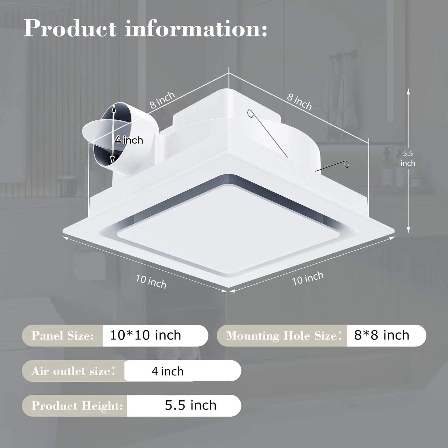 Ultra Quiet 110 CFM Bathroom Exhaust Fan With 10 Inch Panel No Light 8x8 Mount 4 Inch Duct For Bathroom Garage Or Home Eliminates Moisture Odors And Steam, shown with dimensions and features.