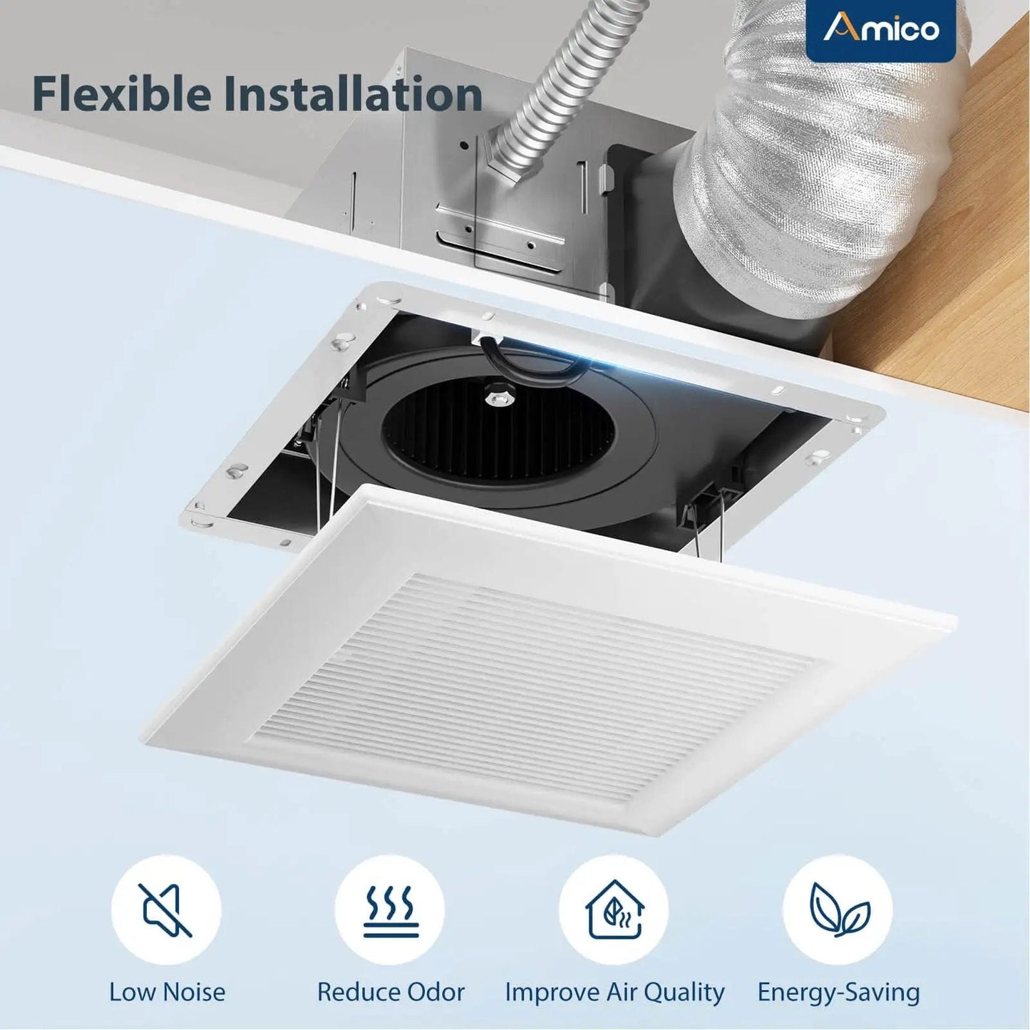 Quiet 110 CFM Bathroom Exhaust Fan With 1.0 Sones For Low Noise Bathroom Ventilation Ceiling Mounted No Attic Access Needed Easy Install 4 Inch Duct ETL And FCC Certified Amico shown installed in a ceiling with flexible ducting.
