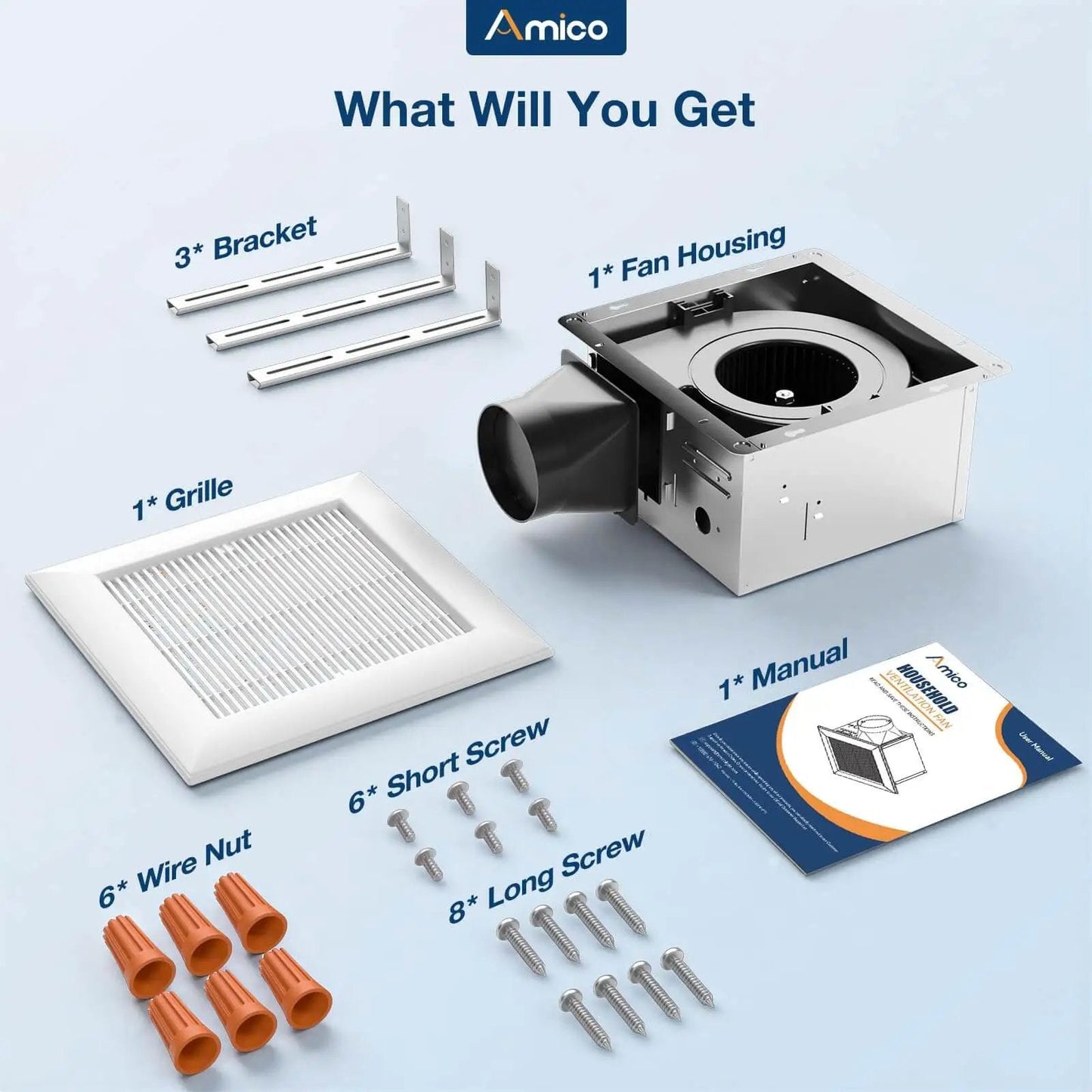 Quiet 110 CFM Bathroom Exhaust Fan With 1.0 Sones For Low Noise Bathroom Ventilation Ceiling Mounted No Attic Access Needed Easy Install 4 Inch Duct ETL And FCC Certified Amico unpacked with components