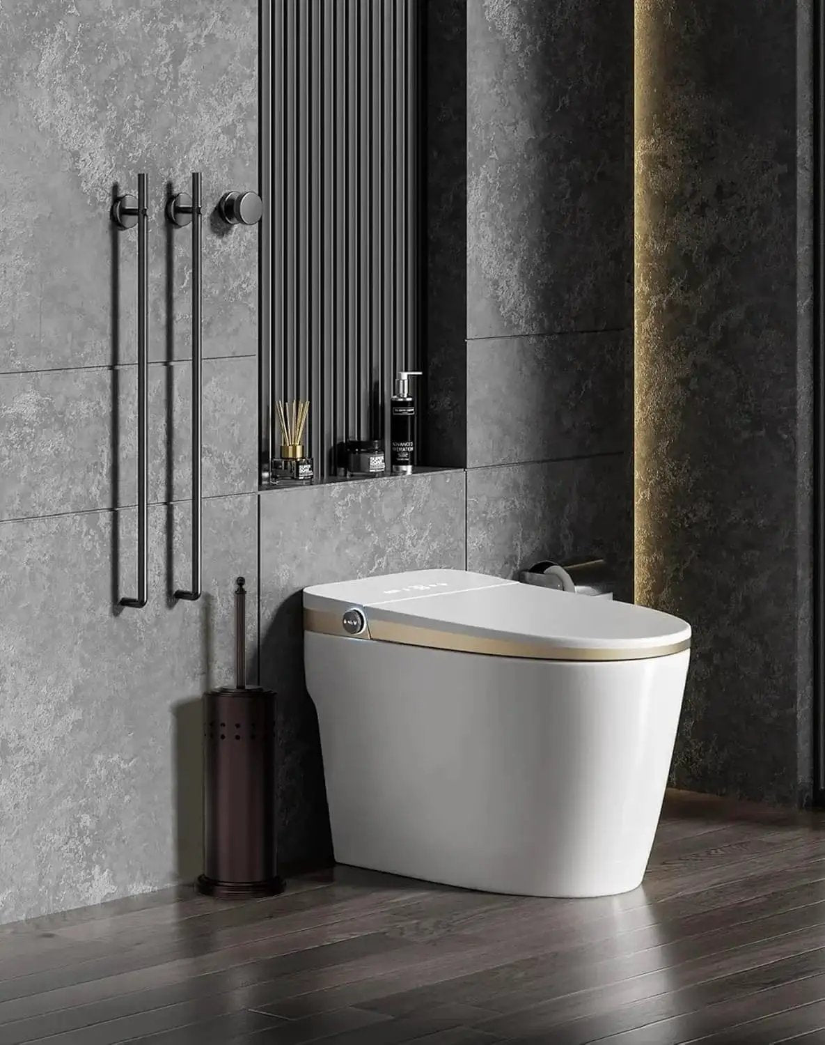 Anti Hand Off Toilet Plunger With Holder For Bathroom, heavy duty bronze finish next to modern toilet against a dark wall.