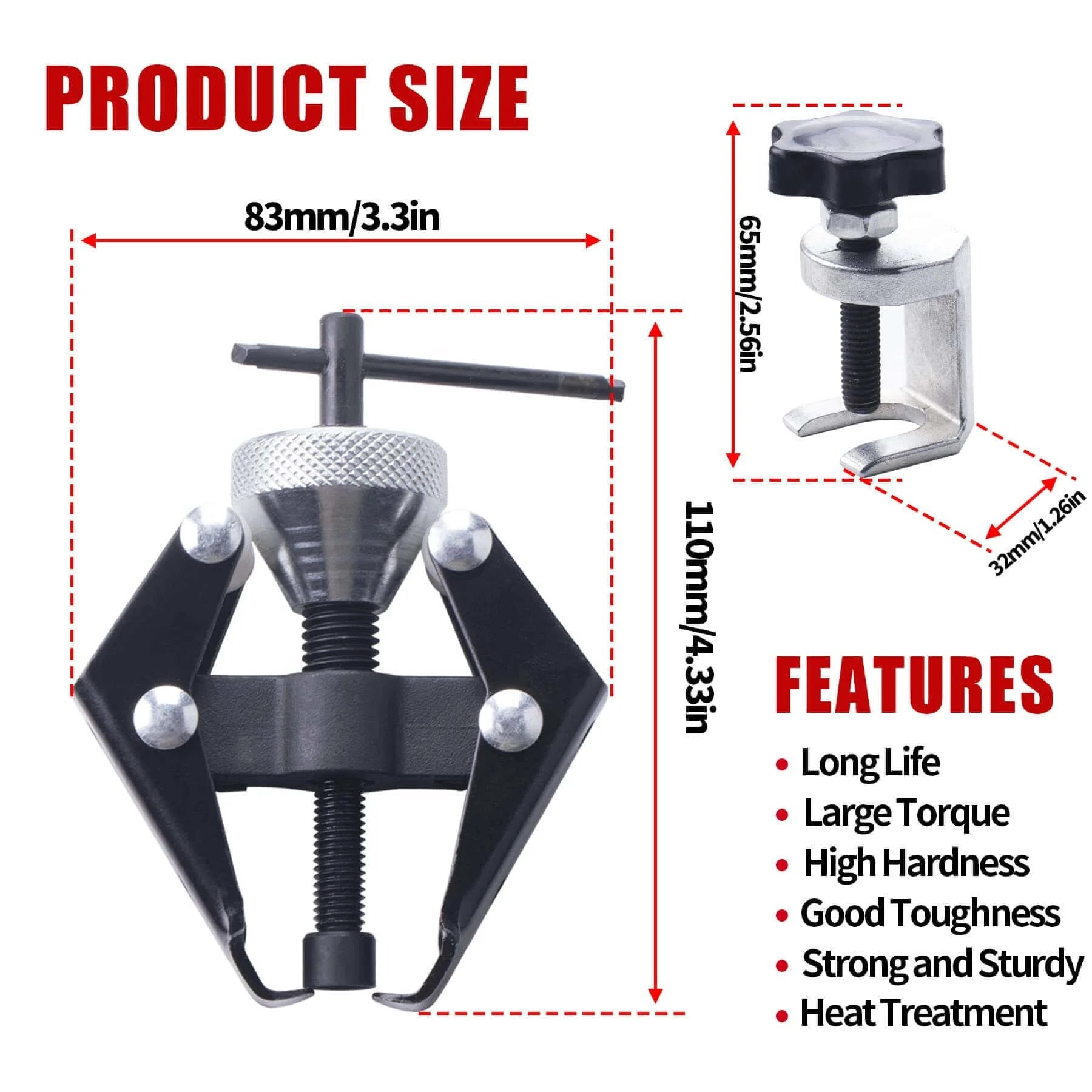 Battery Terminal and Wiper Arm Puller Tools with dimensions and features, including Long Life and Large Torque.