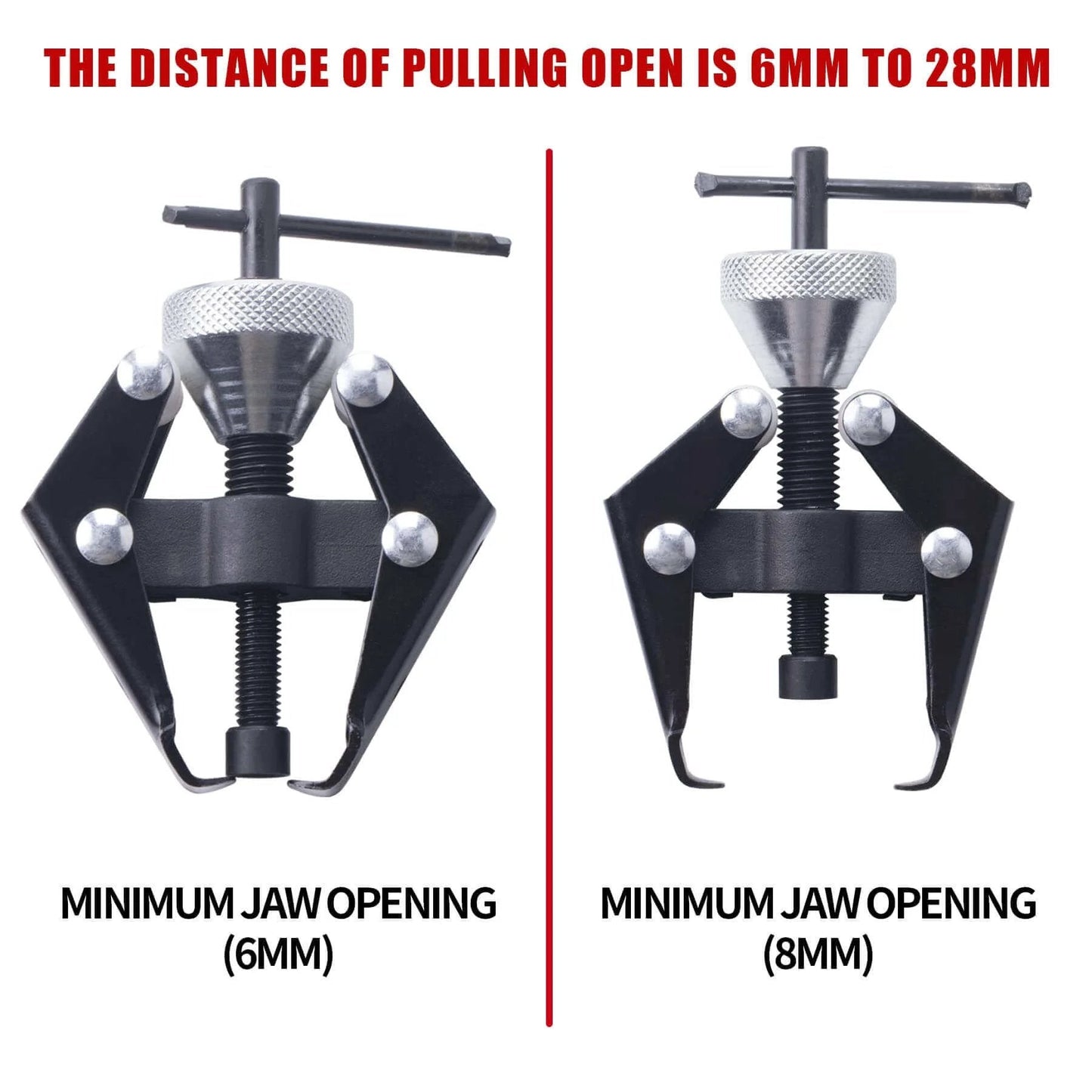 Battery Terminal and Wiper Arm Puller Tools, showing minimum jaw openings of 6mm and 8mm, heavy-duty design for arm removal