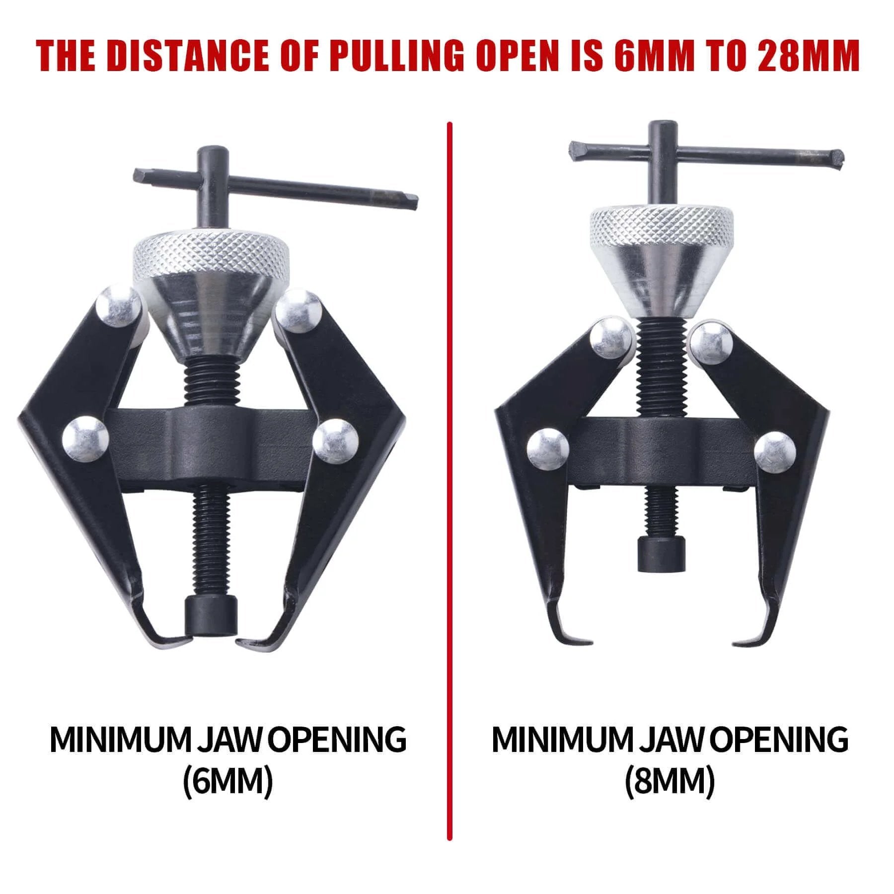 Battery Terminal and Wiper Arm Puller Tools, showing minimum jaw openings of 6mm and 8mm, heavy-duty design for arm removal