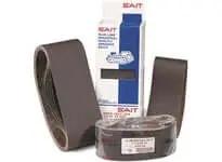 Sanding belts with packaging, abrasive material, suitable for woodworking or metalworking, shown in a front view, brand SAIT visible.