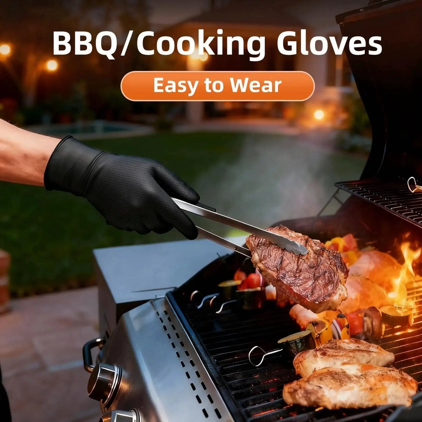 Person wearing Thick 10Mil Nitrile Gloves Diamond Textured Heavy Duty Latex Free Disposable while grilling meat on barbecue
