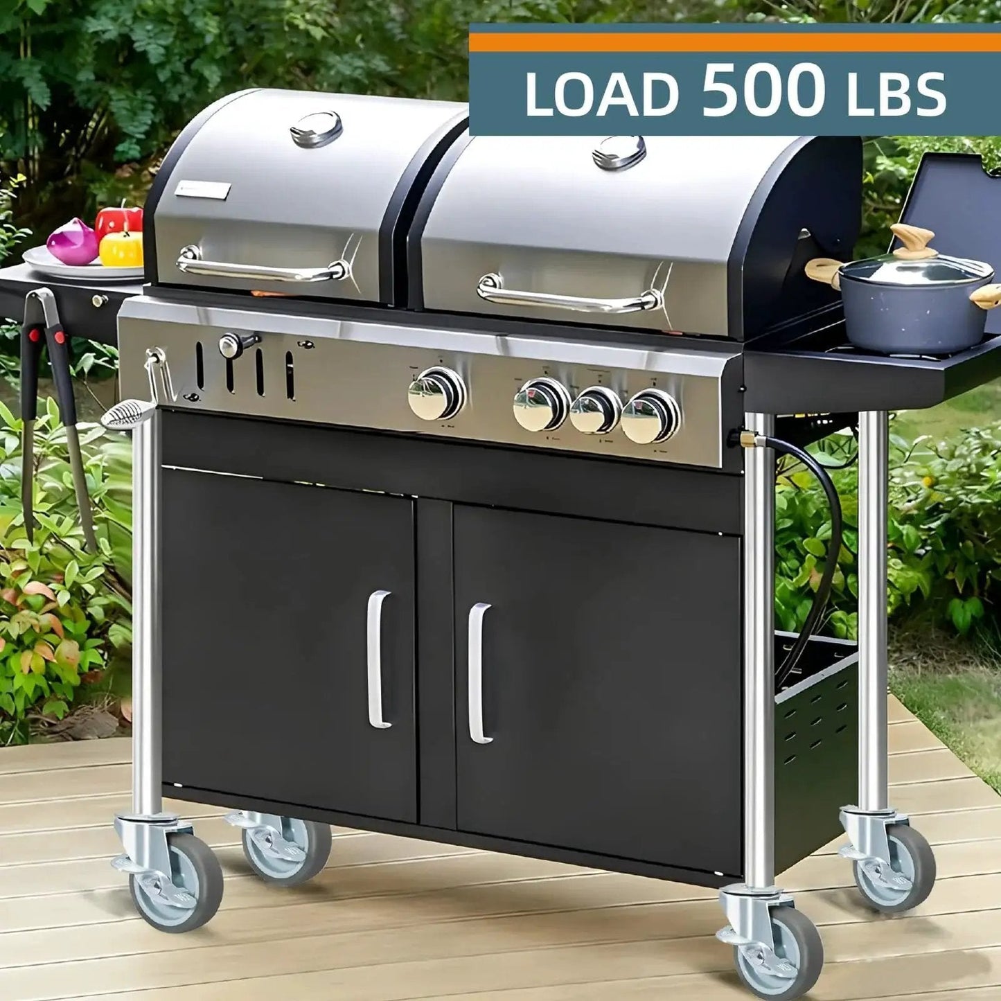 Barbecue grill on deck fitted with Rubber Swivel Caster With Side Brakes, 3 Inch Wheel, Threaded Stem 3/8 Inch Diameter for mobility.