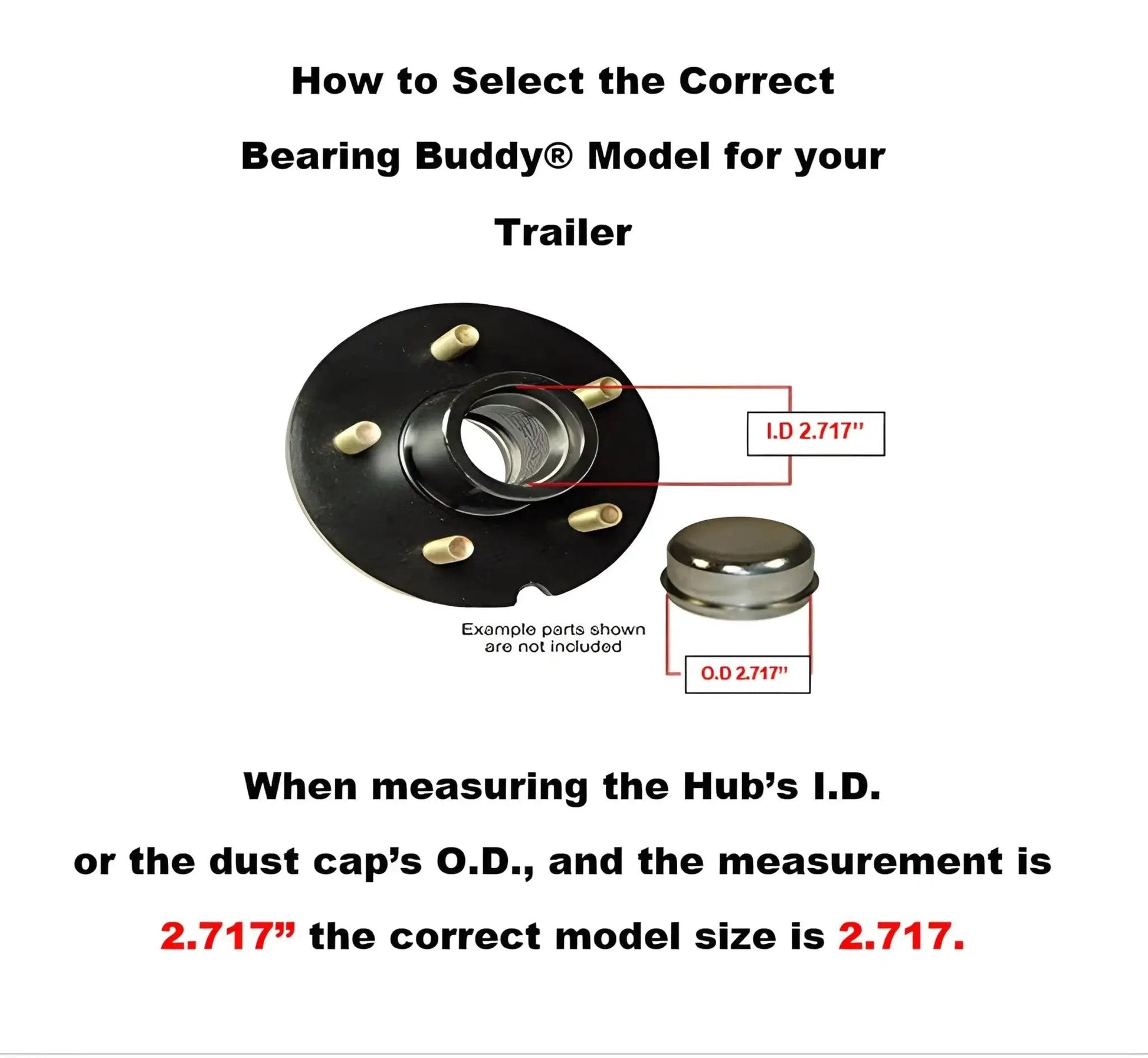 Diagram illustrating how to select the correct Bearing Buddy 2717A for 2.717 inch hub diameters with installation guidance.