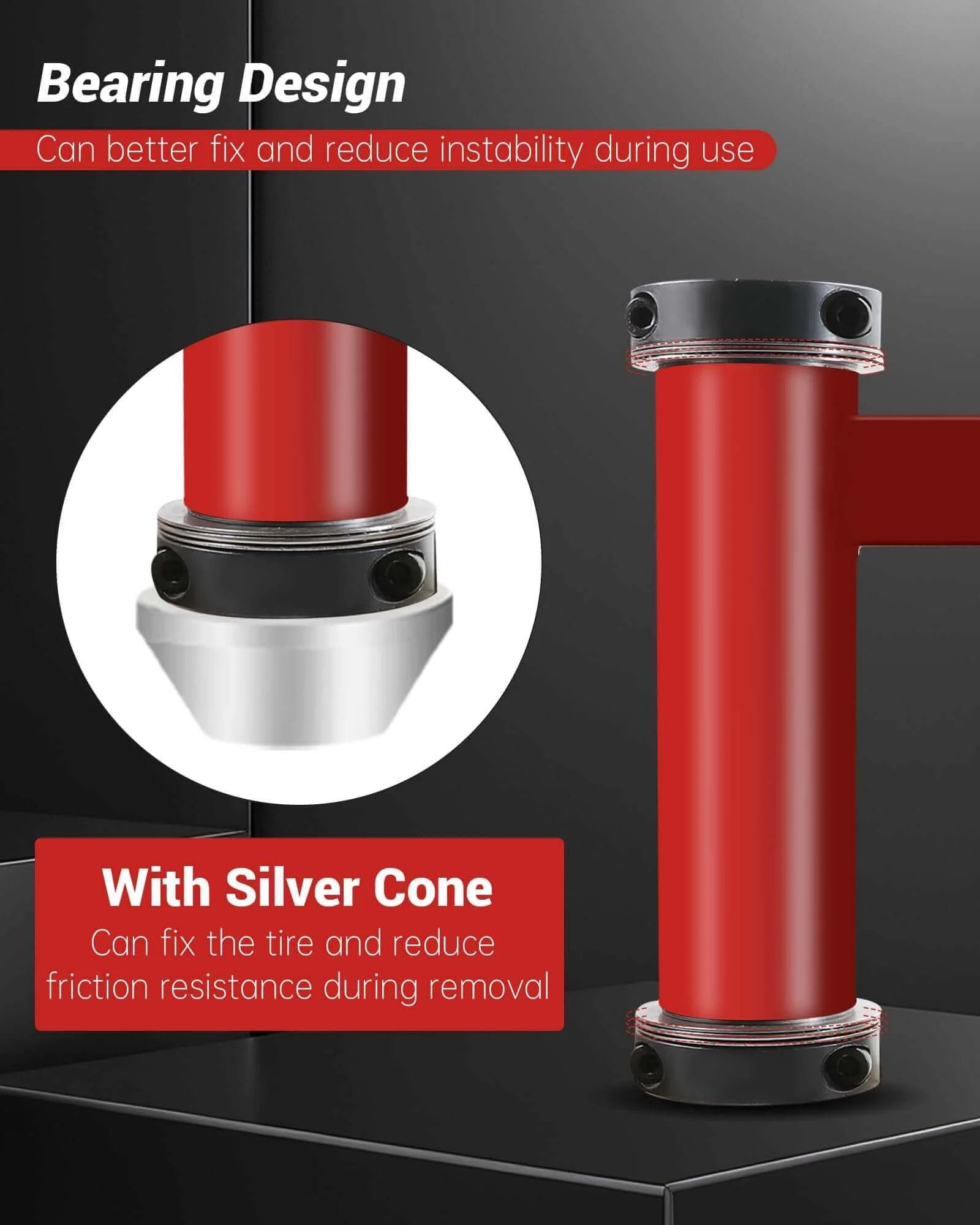 Close-up of Bearing Manual Tire Changer Duck Head Adapter Kit with Silver Cone, featuring red cylindrical design and black fittings