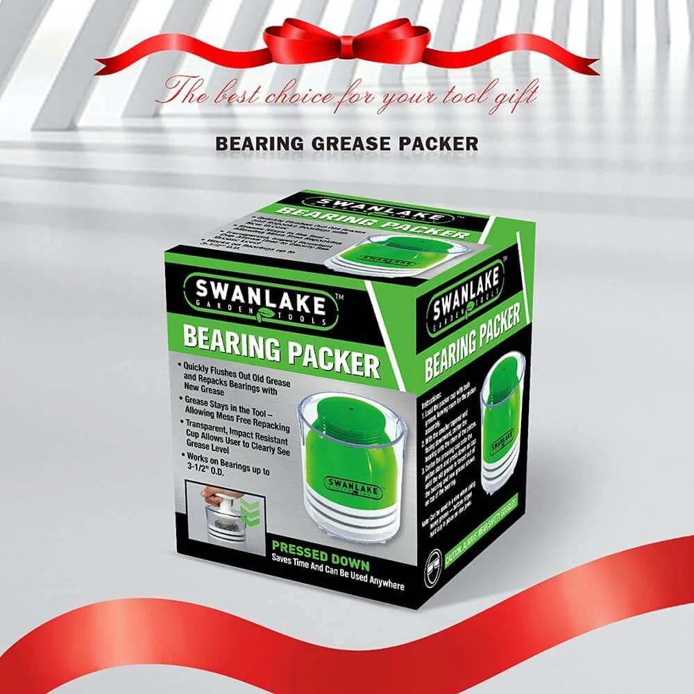 Box of Premium Bearing Packer Kit, Portable Handy Wheel Bearing Packer Tool shown on a shelf with product details visible.