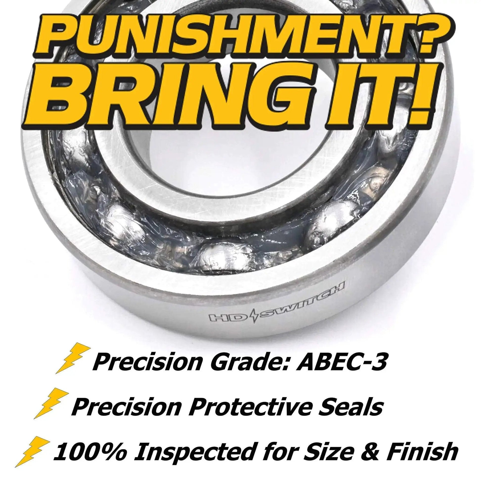Close-up of Beefed-Up Front Wheel Bearing Kit Four Pack With C3 High Temp Grease Upgrade For John Deere Gator Turf, showing precision grade, protective seals, and HD Switch branding.