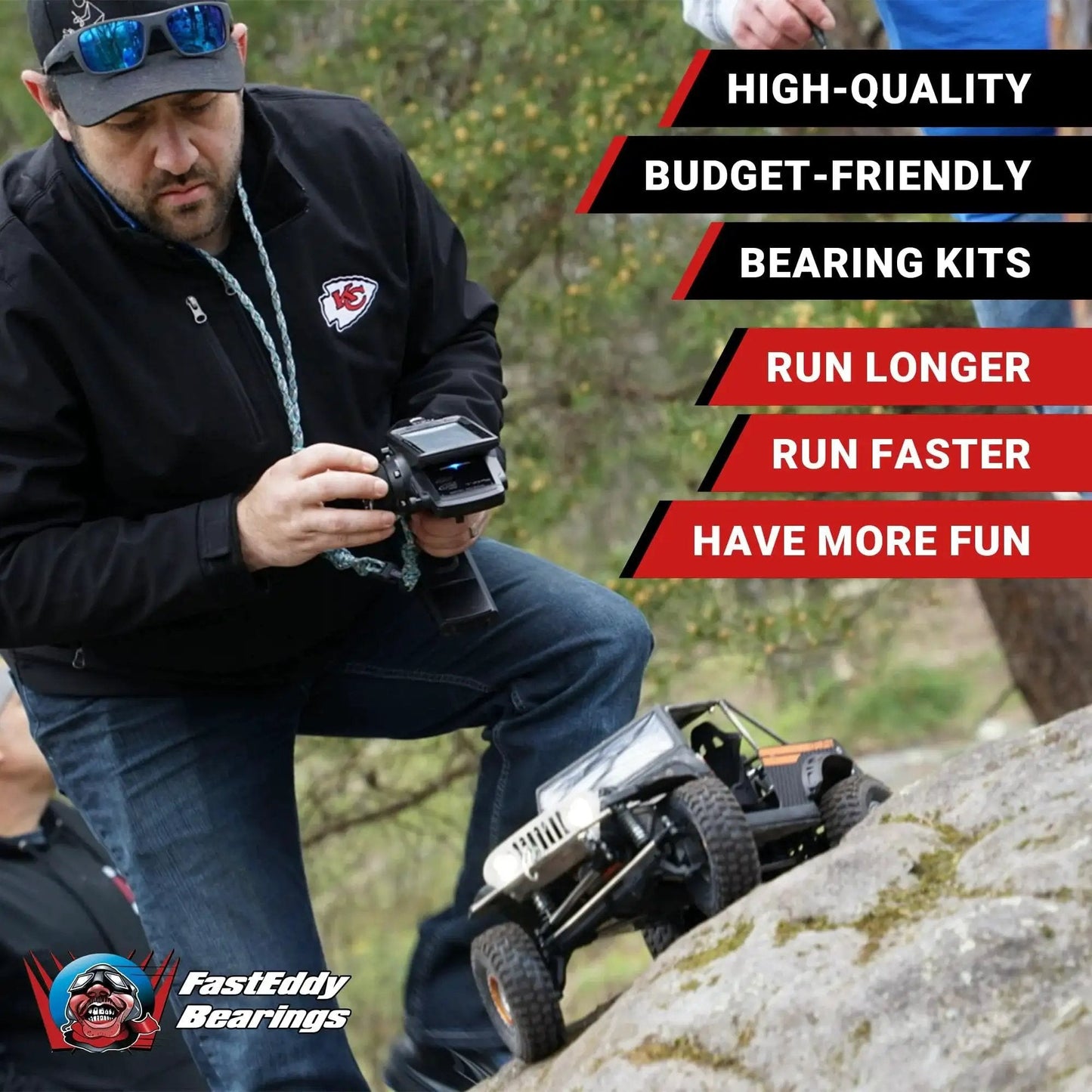 Man controlling remote control Traxxas TRX-4M Chevy K10 with Ultimate Performance Beefed Up Bearing Upgrade Kit on rugged terrain.