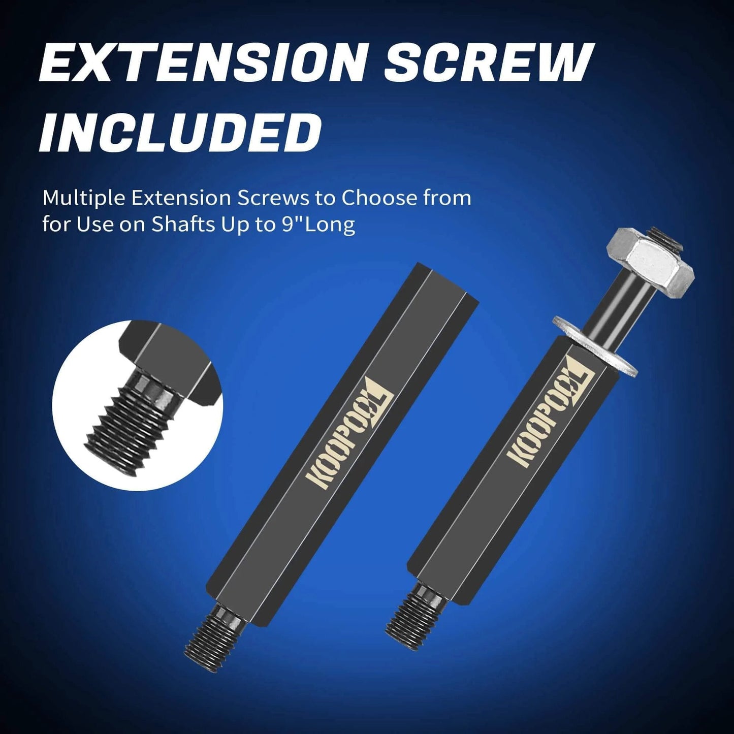 Extension screw included for 14 pcs bearing puller and splitter kit 5 ton with 2 and 3 inch separator jaws, shown with multiple screws.