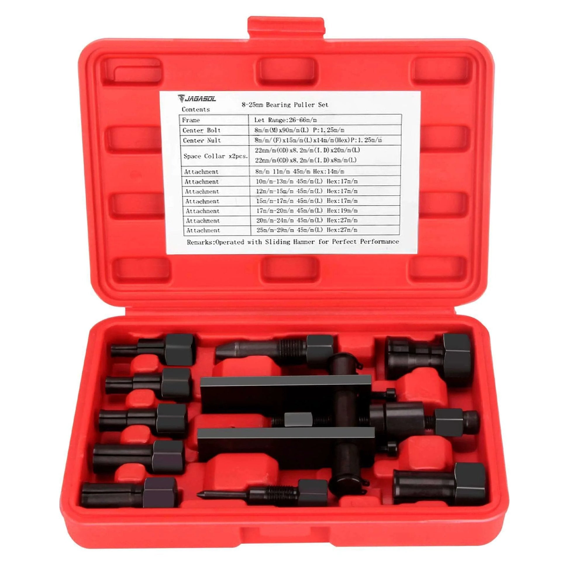 Open red case of Bearing Puller Kit, 10 Pcs Blind Hole Bearing Puller Set, 8-25 mm/0.31-0.98 inch Motorcycle Wheel Inner Bearing Puller Tool Set