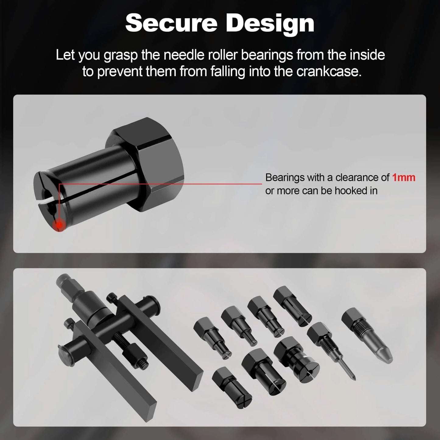 Bearing Puller Kit, 10 Pcs Blind Hole Bearing Puller Set, tool design details with close-up of needle roller bearings fitting 8-25 mm.