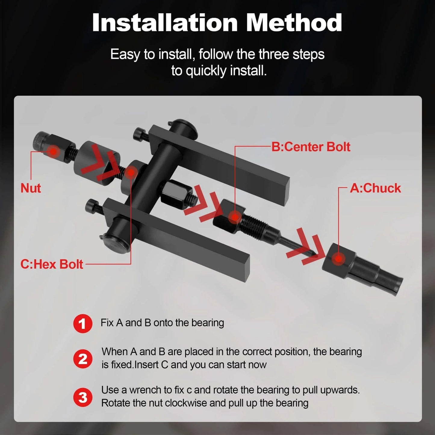 Installation steps for 10 Pcs Blind Hole Bearing Puller Set showing center bolt, nut, chuck, and hex bolt components.