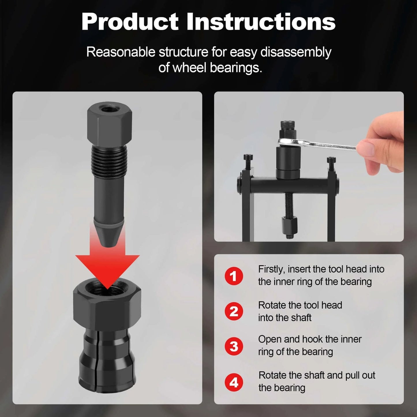 Bearing Puller Kit, 10 Pcs Blind Hole Bearing Puller Set, product instructions with tool assembly steps and close-up of components.