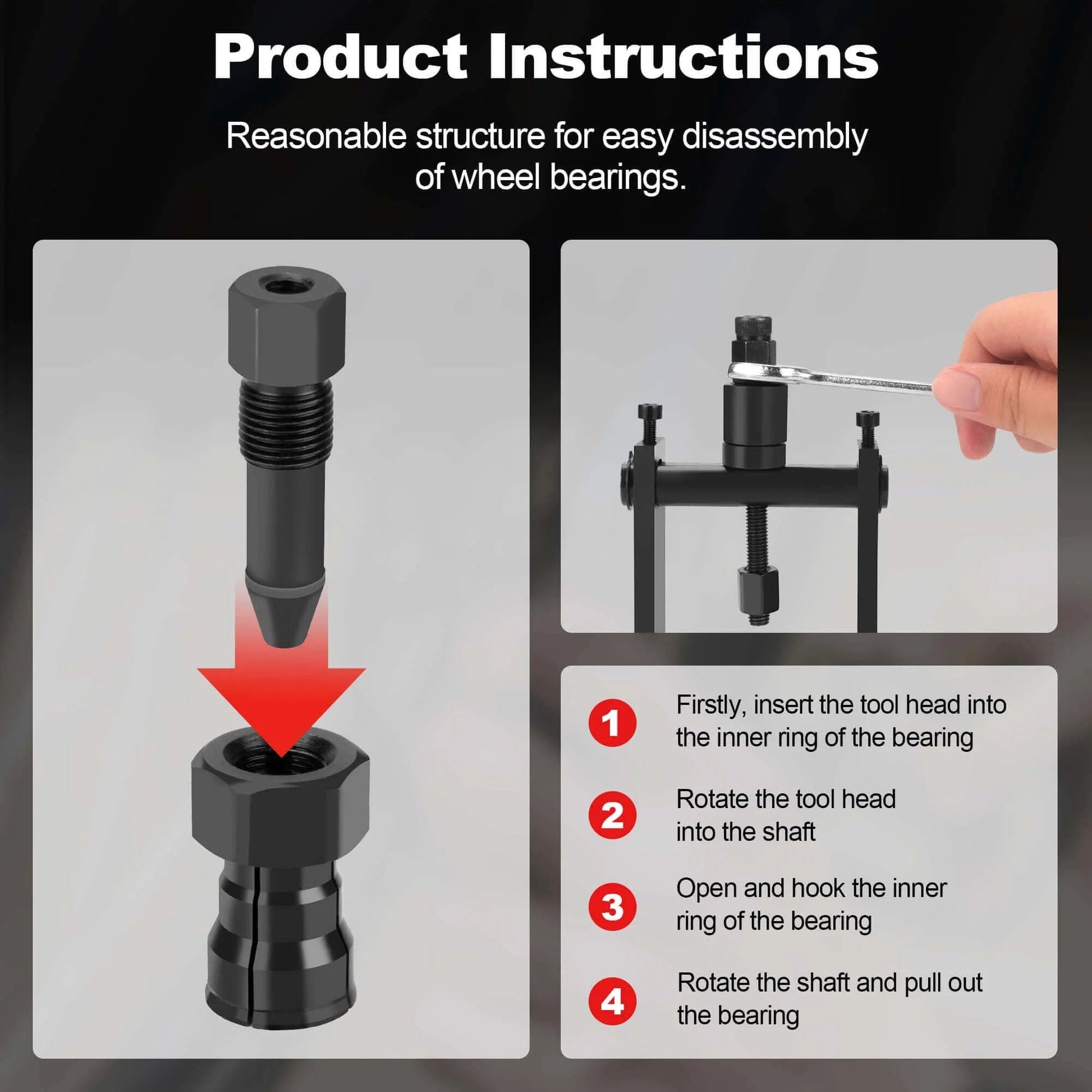 Bearing Puller Kit, 10 Pcs Blind Hole Bearing Puller Set, product instructions with tool assembly steps and close-up of components.