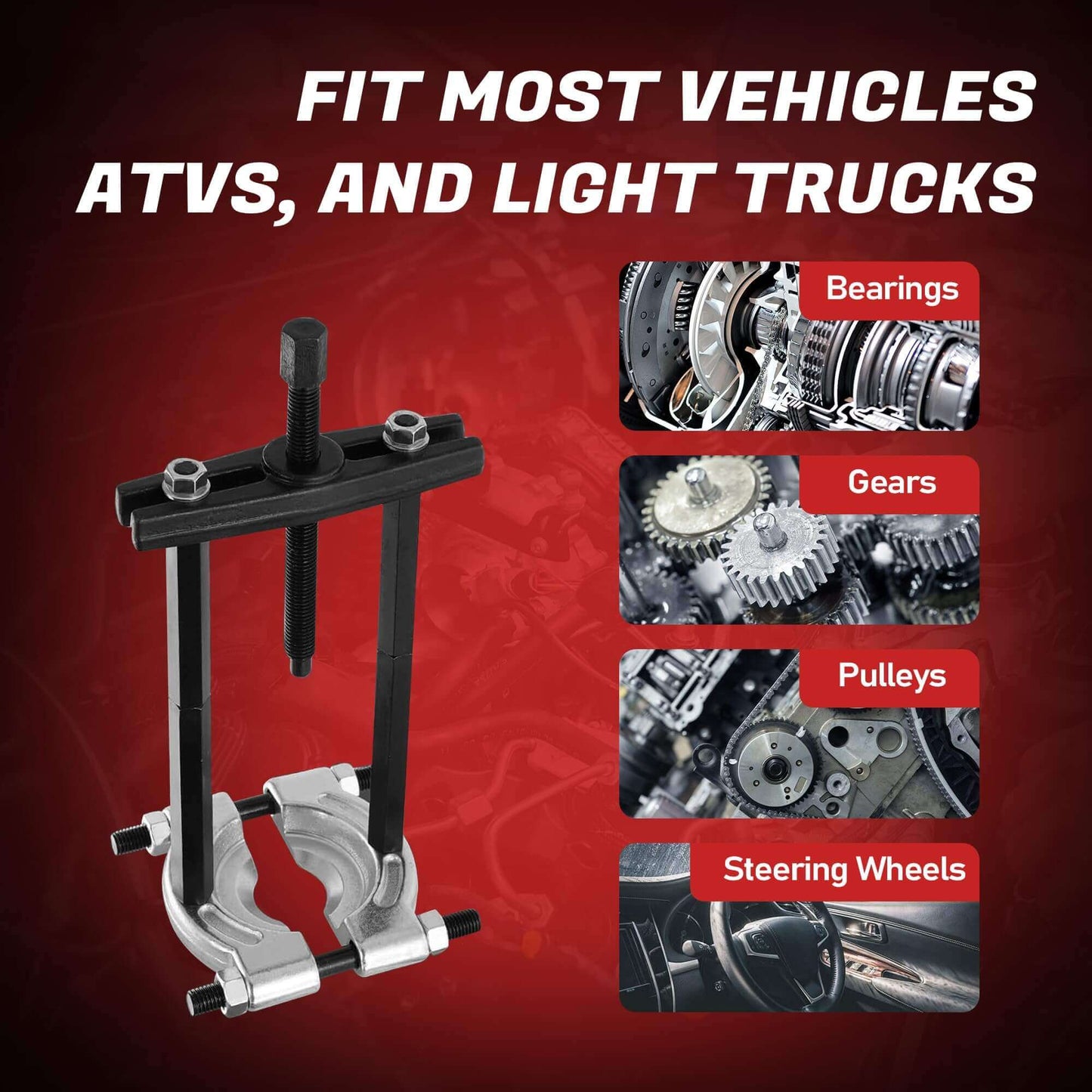 Bearing Puller and Splitter Kit, Separator and Puller Set displayed with vehicle gear components