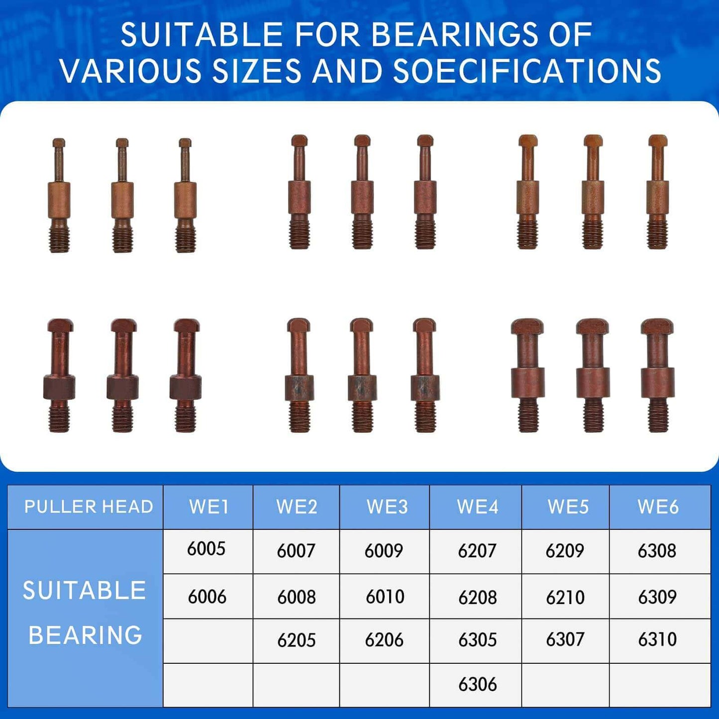 21 in1 Bearing Puller set with various puller heads and compatible bearings chart, suitable for different sizes and specifications