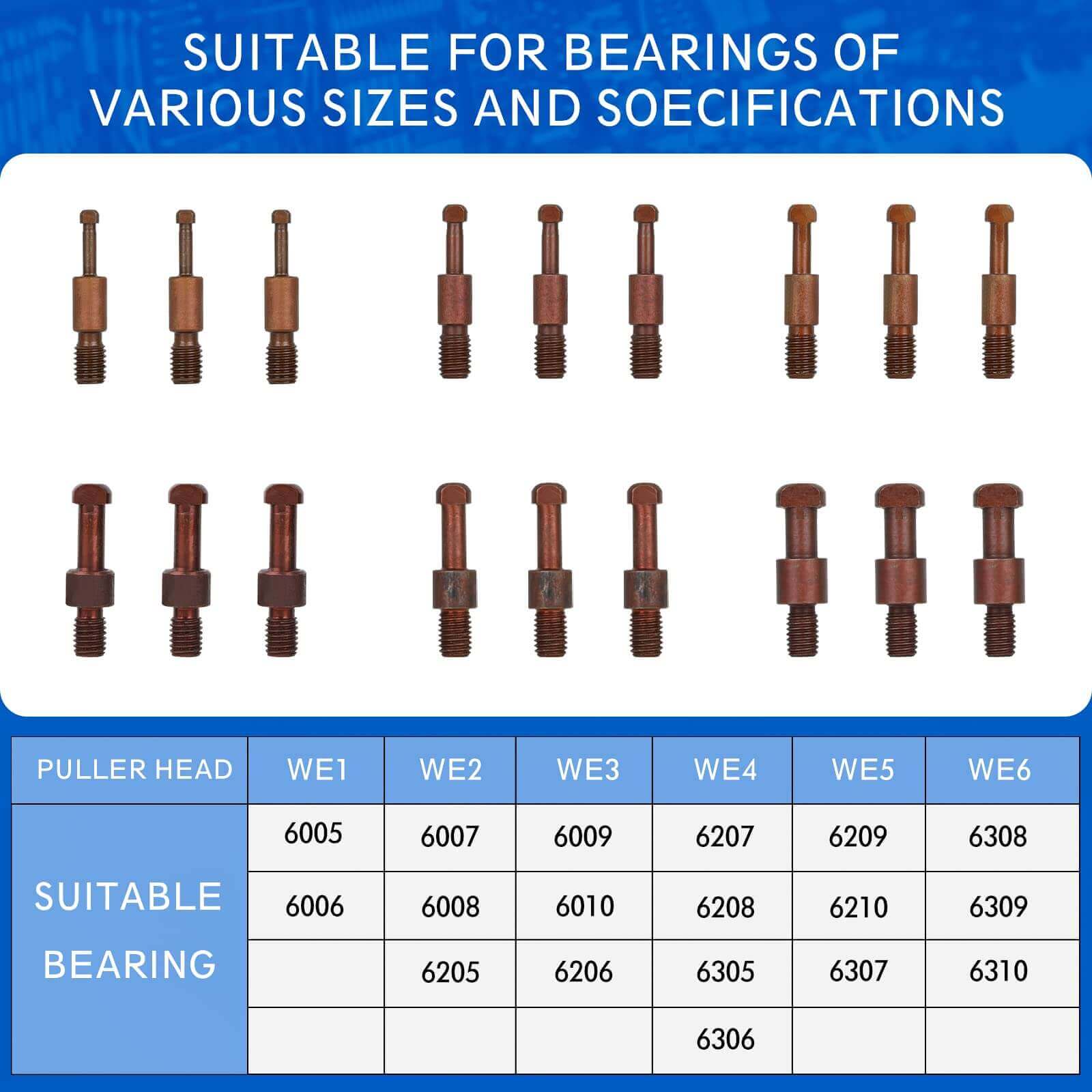 21 in1 Bearing Puller set with various puller heads and compatible bearings chart, suitable for different sizes and specifications