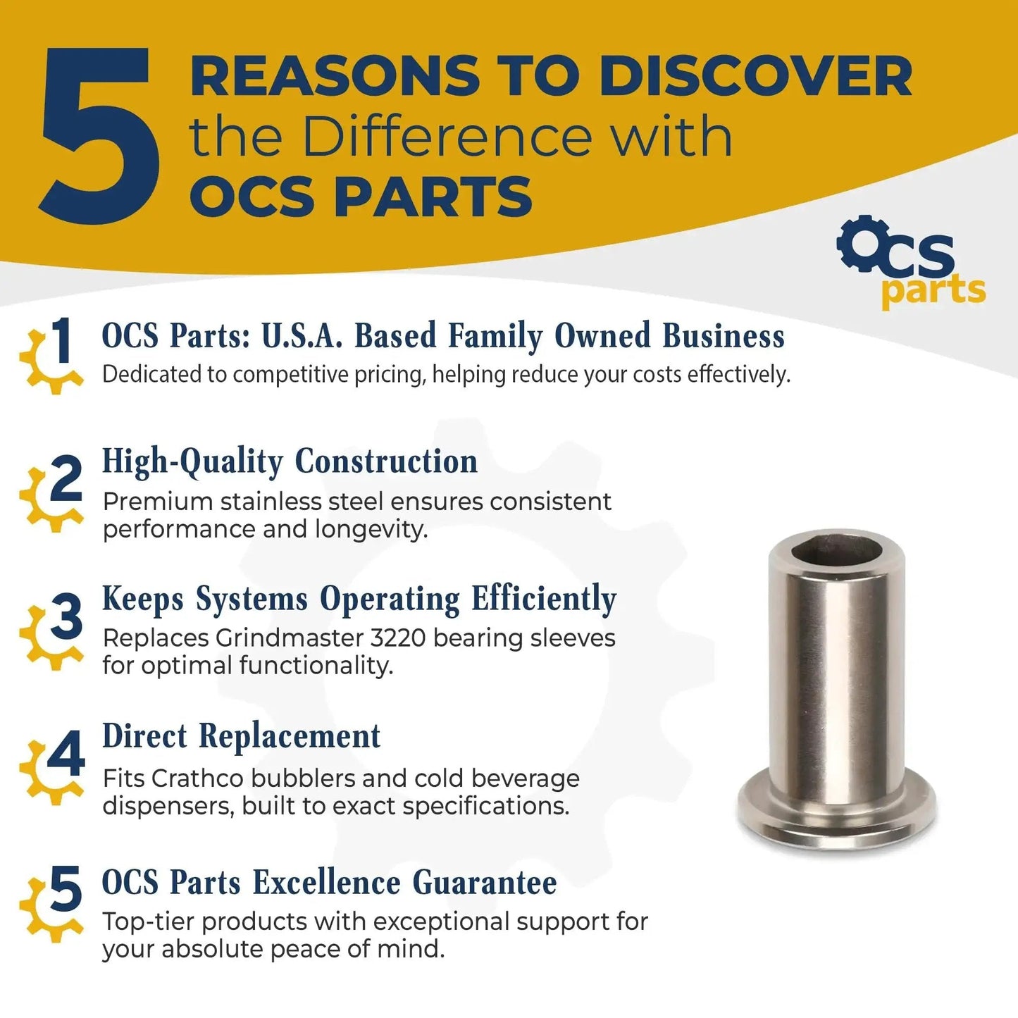 Bearing Sleeve 3220 for Crathco Bubblers and Cold Beverage Dispensers 3 Pack Replacement product features and stainless steel sleeve.