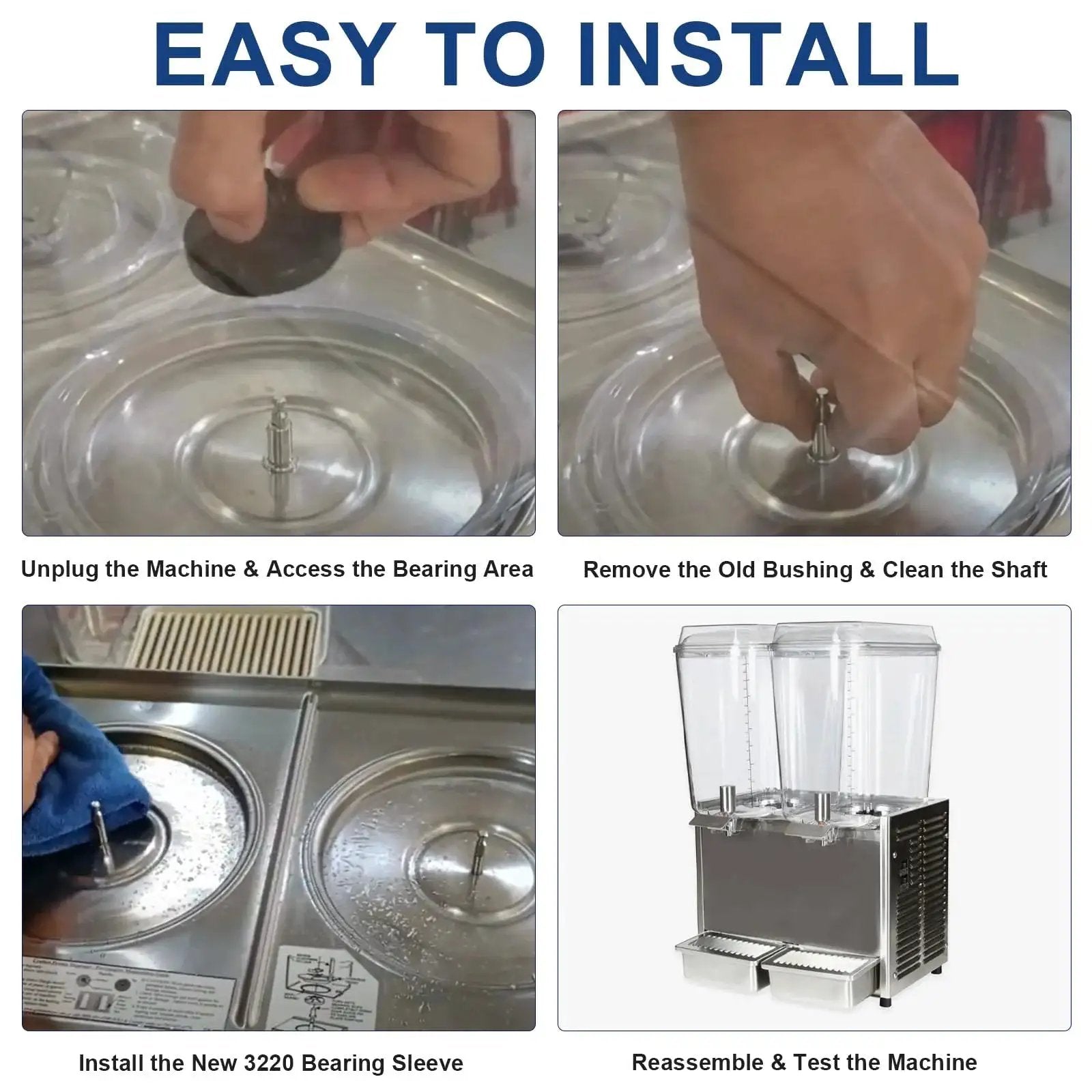 Step-by-step guide to installing Bearing Sleeve Replacement for Commercial Beverage Dispensers and Juicers Stainless Steel Bushing Compatible With D And E Series Fits D15 D25 D35 E27 E29 E47 E49 Models Includes 3 Pack for Easy Refurbishment.