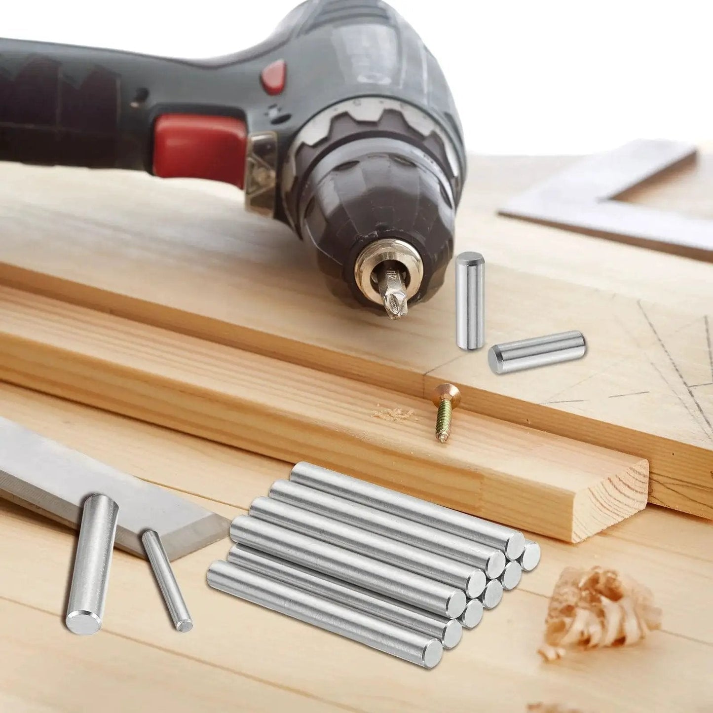 Durable Bearing Steel Dowel Pins 5 Pack 5/16 By 2-1/4 Inch Cylindrical Shelf Support Pins for woodworking shown with drill