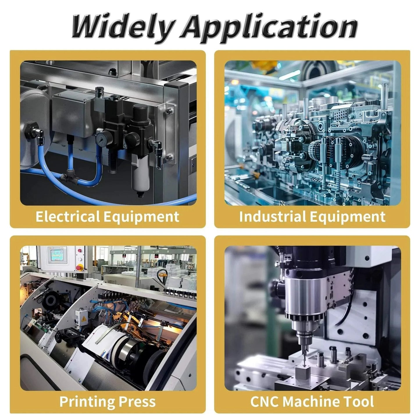 Collage showcasing applications for Two Pieces Brass Graphite Wrapped Oilless Sleeve Bearings in various machinery.
