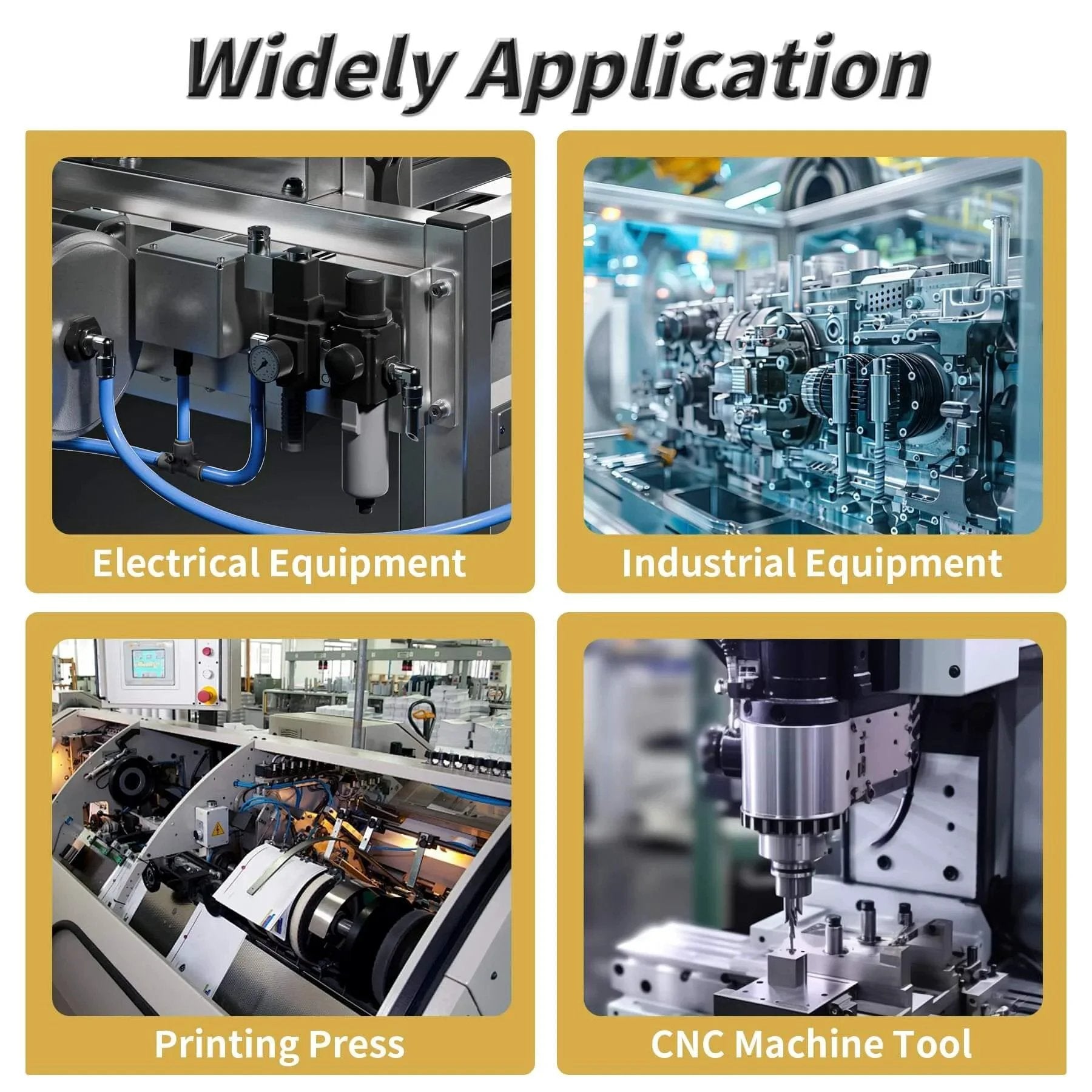 Collage showcasing applications for Two Pieces Brass Graphite Wrapped Oilless Sleeve Bearings in various machinery.