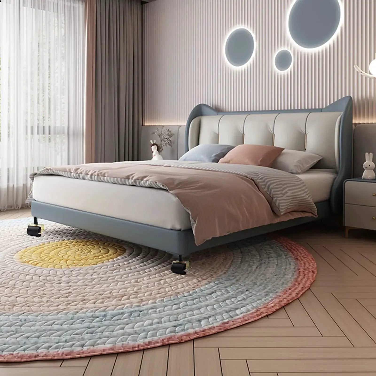 Locking Bed Frame Casters Set Of 4 With Brakes And Stem Socket Sleeves installed on modern bedframe over round carpet