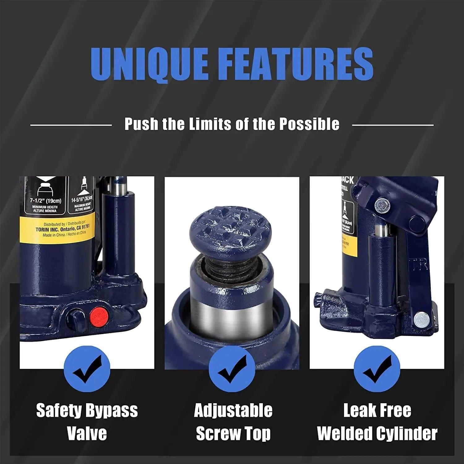 Close-up of Beefed Up 6 Ton Hydraulic Bottle Jack For Cars Trucks And SUVs By Torin with unique features like safety valve.