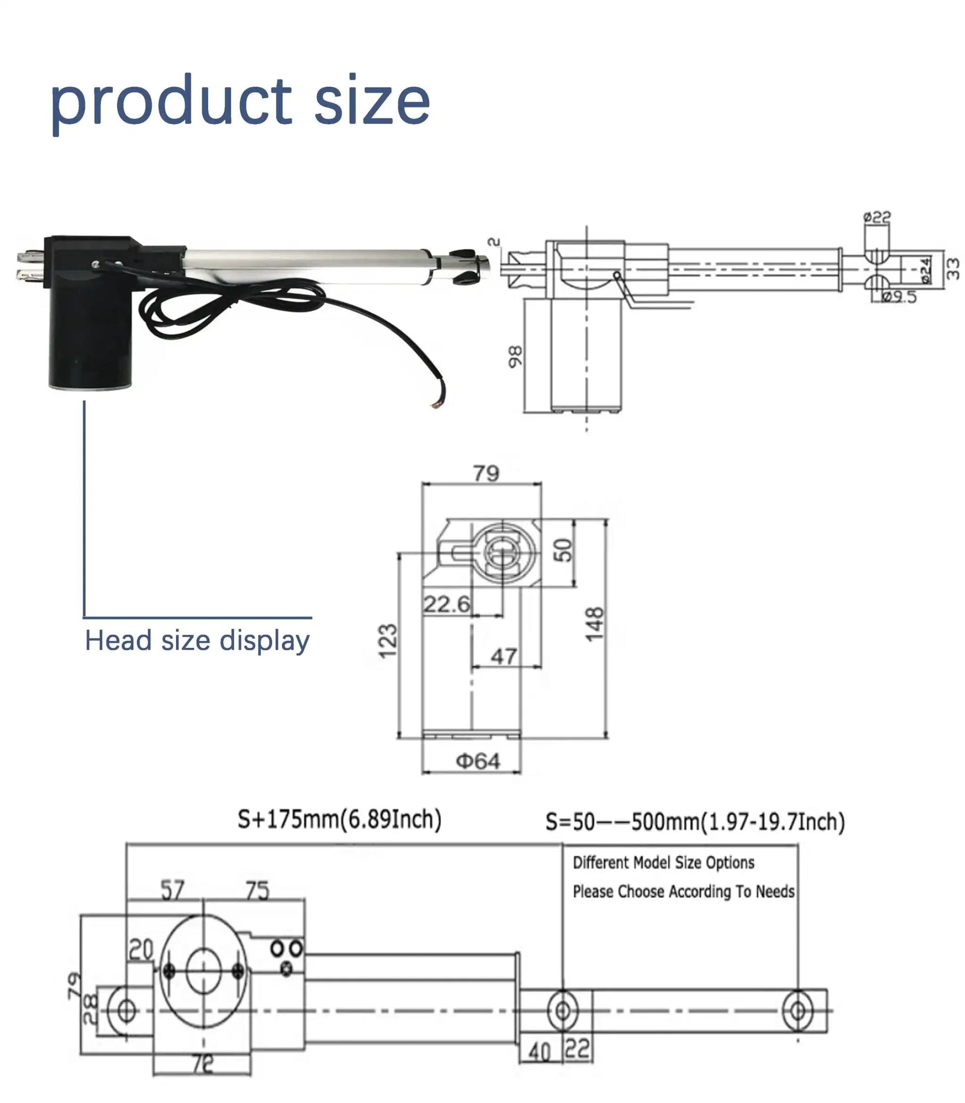 Diagram showing dimensions of the Beefy 24V DC Linear Actuator with 1320 lbs lift capacity and 9.8 inch stroke.