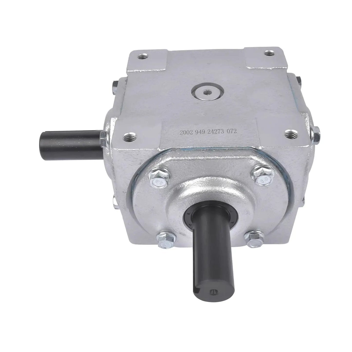 Front view of Beefy 40 HP Right Angle Bevel Gearbox With 2 Keyed Shafts 1 To 1 Cast Iron, showing cast iron housing and keyed shafts.