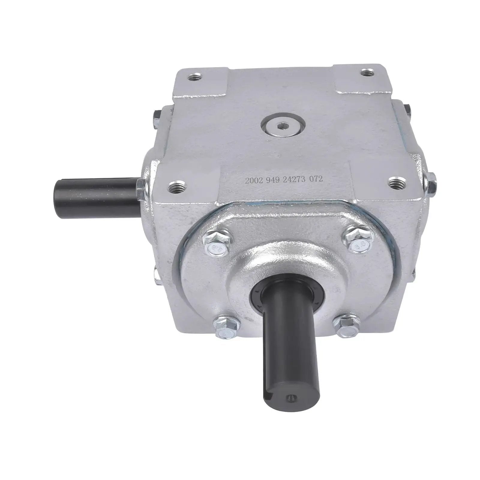 Front view of Beefy 40 HP Right Angle Bevel Gearbox With 2 Keyed Shafts 1 To 1 Cast Iron, showing cast iron housing and keyed shafts.
