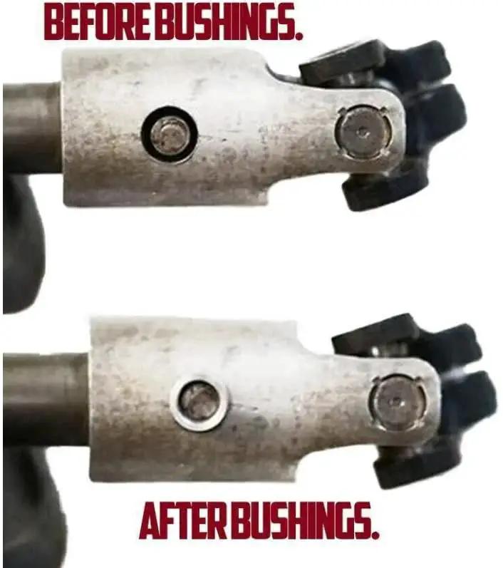 Comparison of Dodge Ram steering shaft before and after installing Premium Engraved 6061 Billet Intermediate Shaft Bushings.