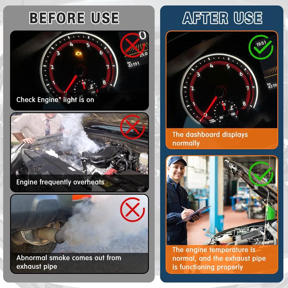 Before and after comparison of engine temperature issues showing dashboard readings and smoke conditions.