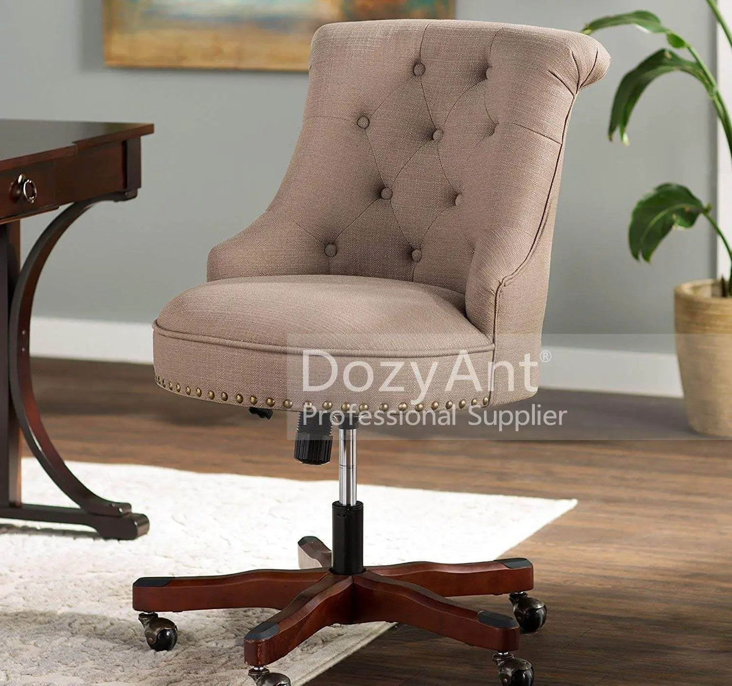 Office chair with beige upholstery and wooden base, featuring a 6 Inch Long Stroke Office Chair Gas Lift Cylinder Replacement