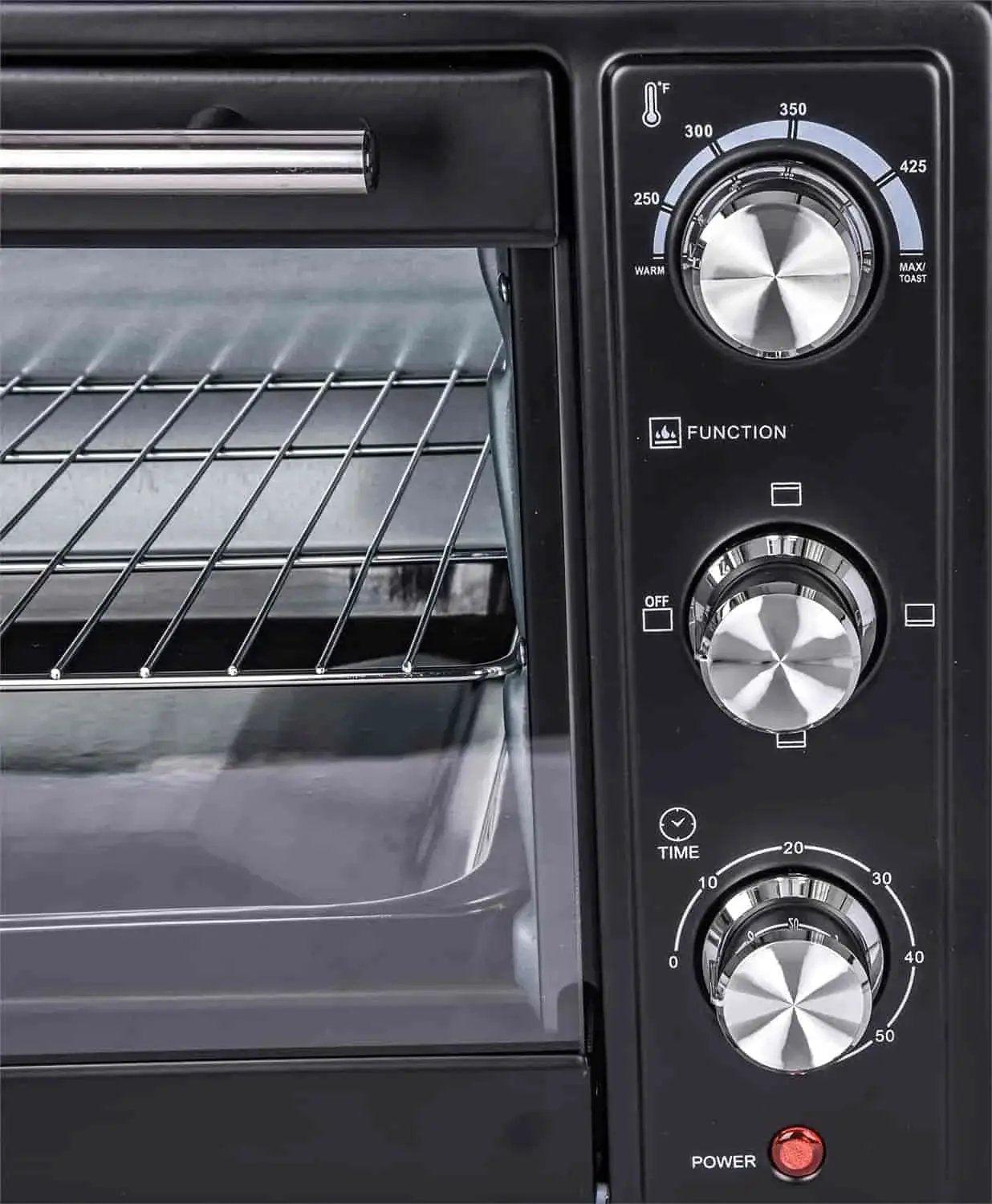 Control panel and interior rack of the Bench Top Powder Coating Oven 1600 Watt 120 Volt With 450 Degree Capacity, showing dials and metal rack.