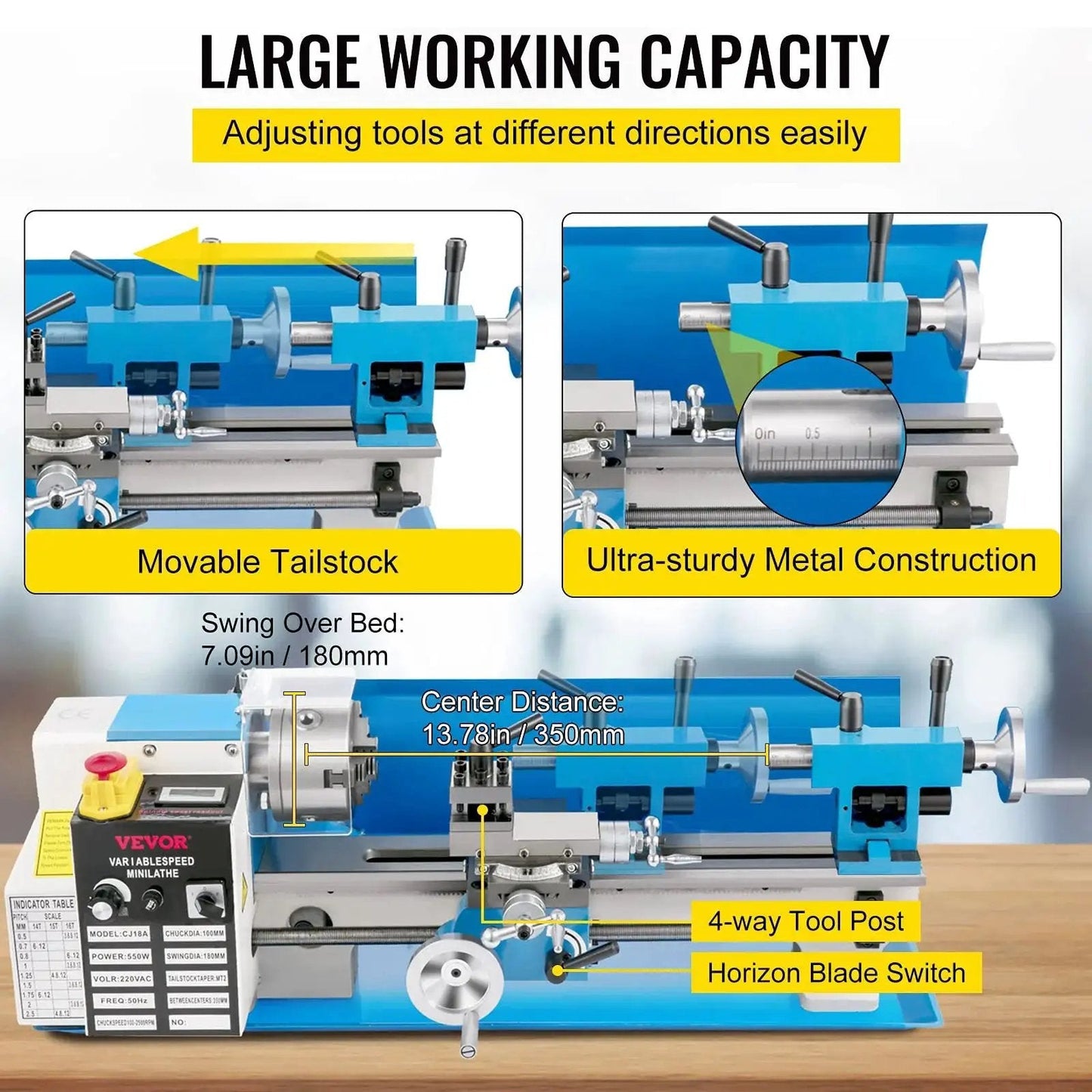 Benchtop Metal Lathe 7x14 Inch With Digital Display 550W Variable Speed Up To 2250 RPM with movable tailstock and metal construction.