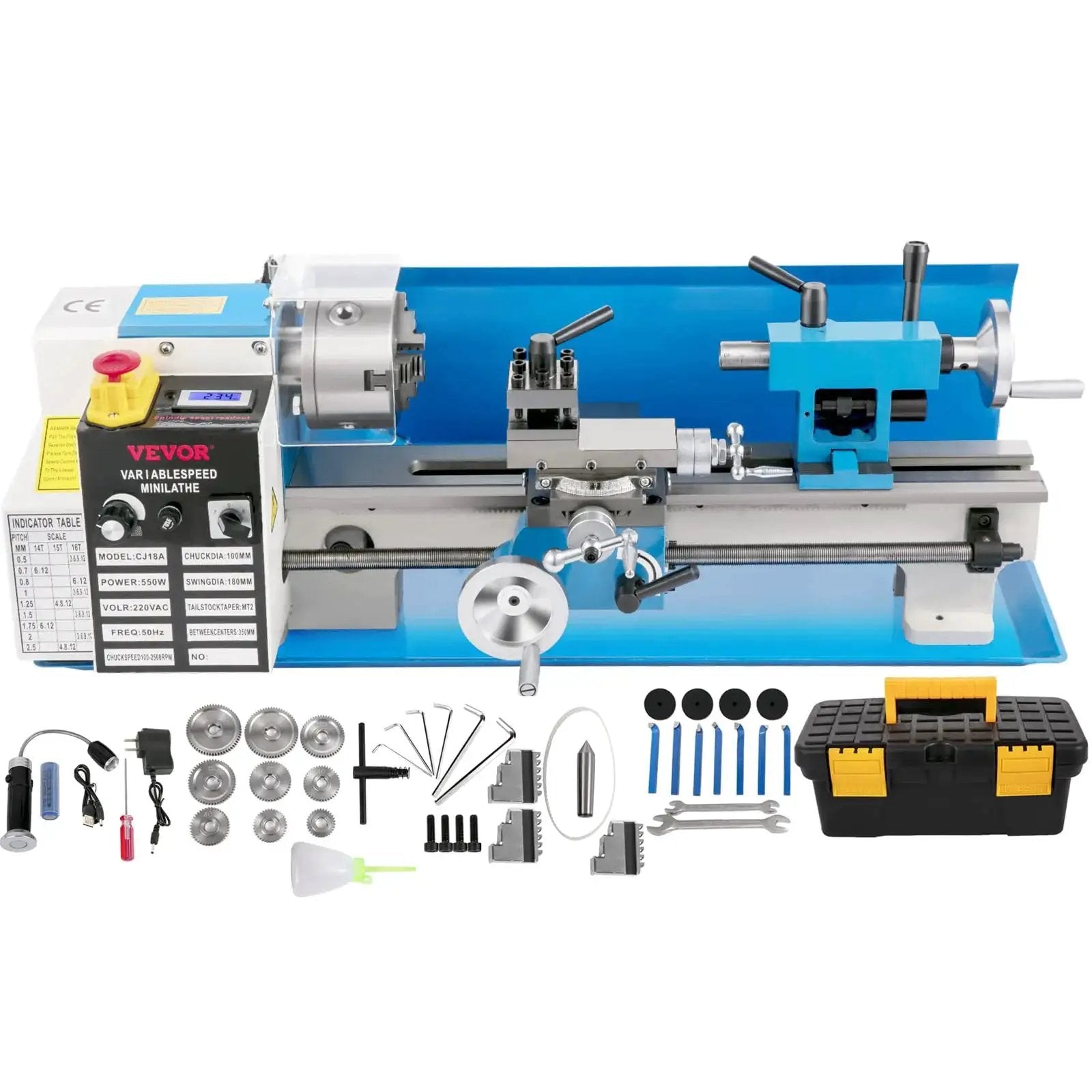 Benchtop Metal Lathe 7x14 Inch With Digital Display 550W Variable Speed Up To 2250 RPM 3 Jaw Chuck CNC Mini Lathe with accessories