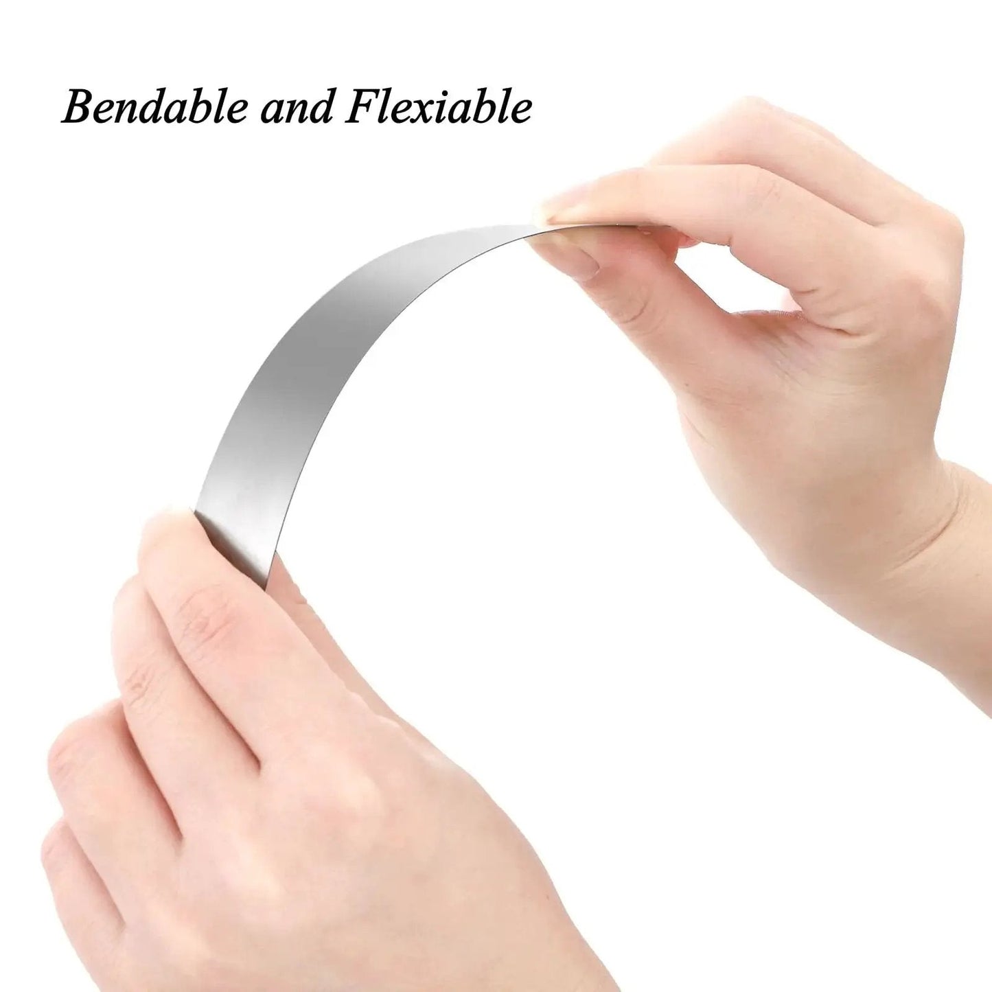 Hands bending a strip from Pro Grade 30 Piece Shim Stock Set In 304 Stainless Steel For Precise Leveling And Gap Filling On Kitchen And Home Projects