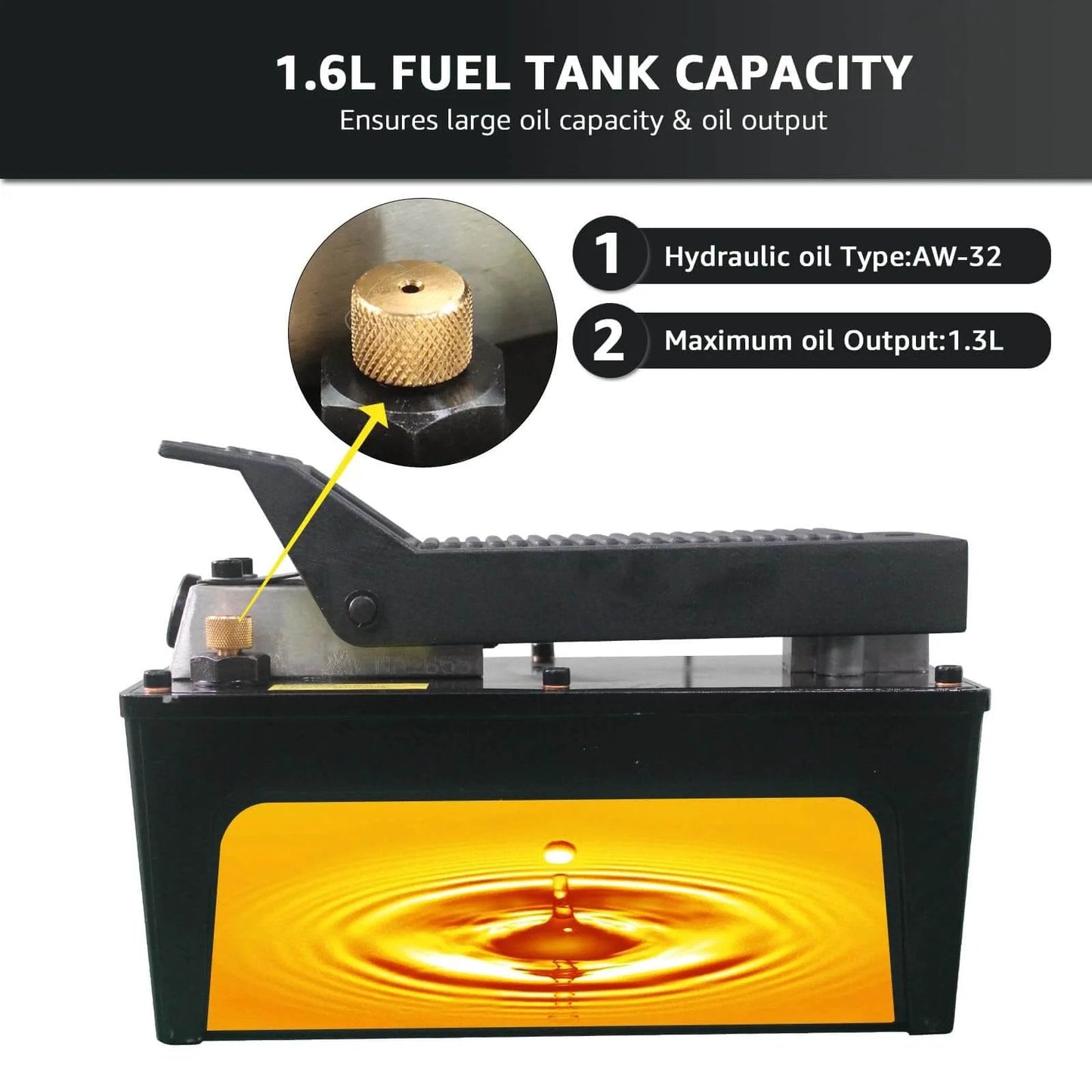 BESTOOL 10,000 PSI, 1/2 Gal Reservoir Foot-Operated Air Hydraulic Pump with 1.6L fuel tank capacity and oil details visible