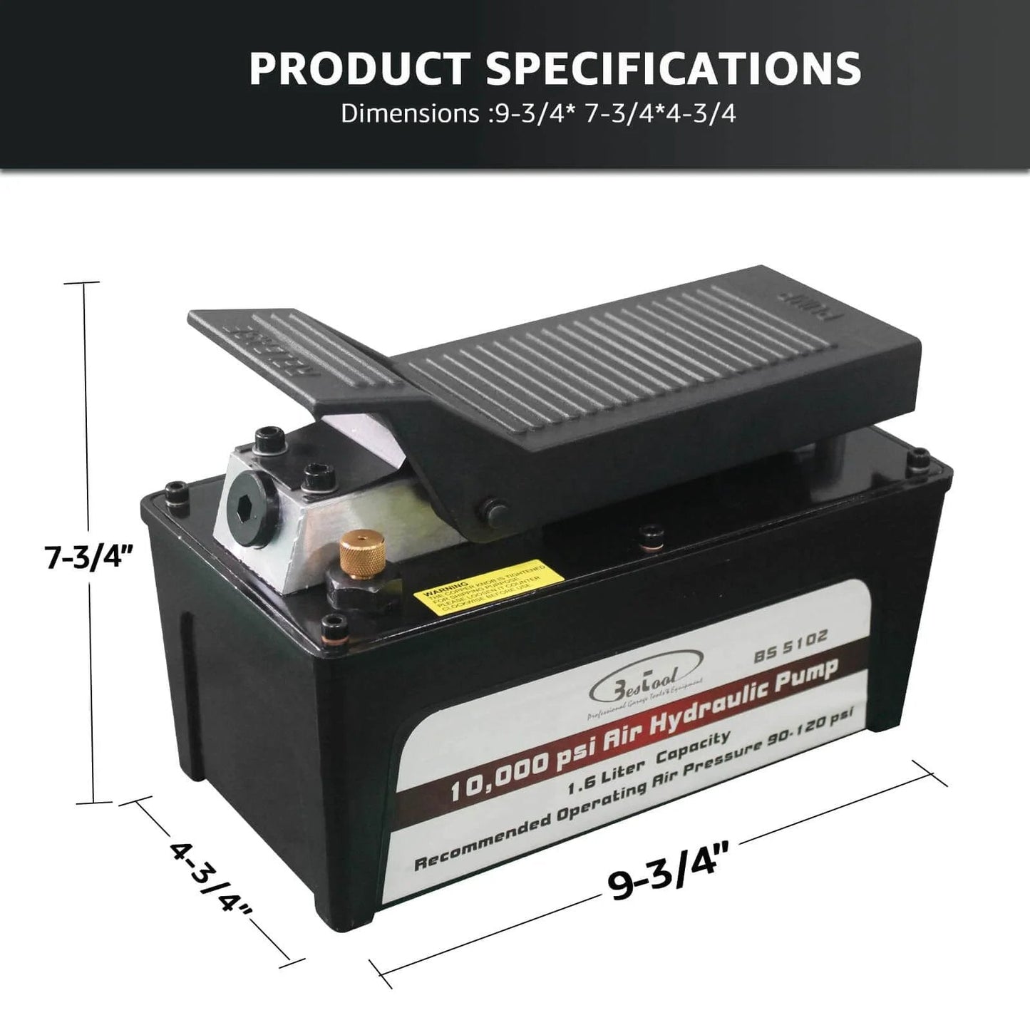 BESTOOL 10,000 PSI, 1/2 Gal Reservoir Foot-Operated Air Hydraulic Pump for Heavy Machinery Lifter & Auto Repair, dimensions labeled