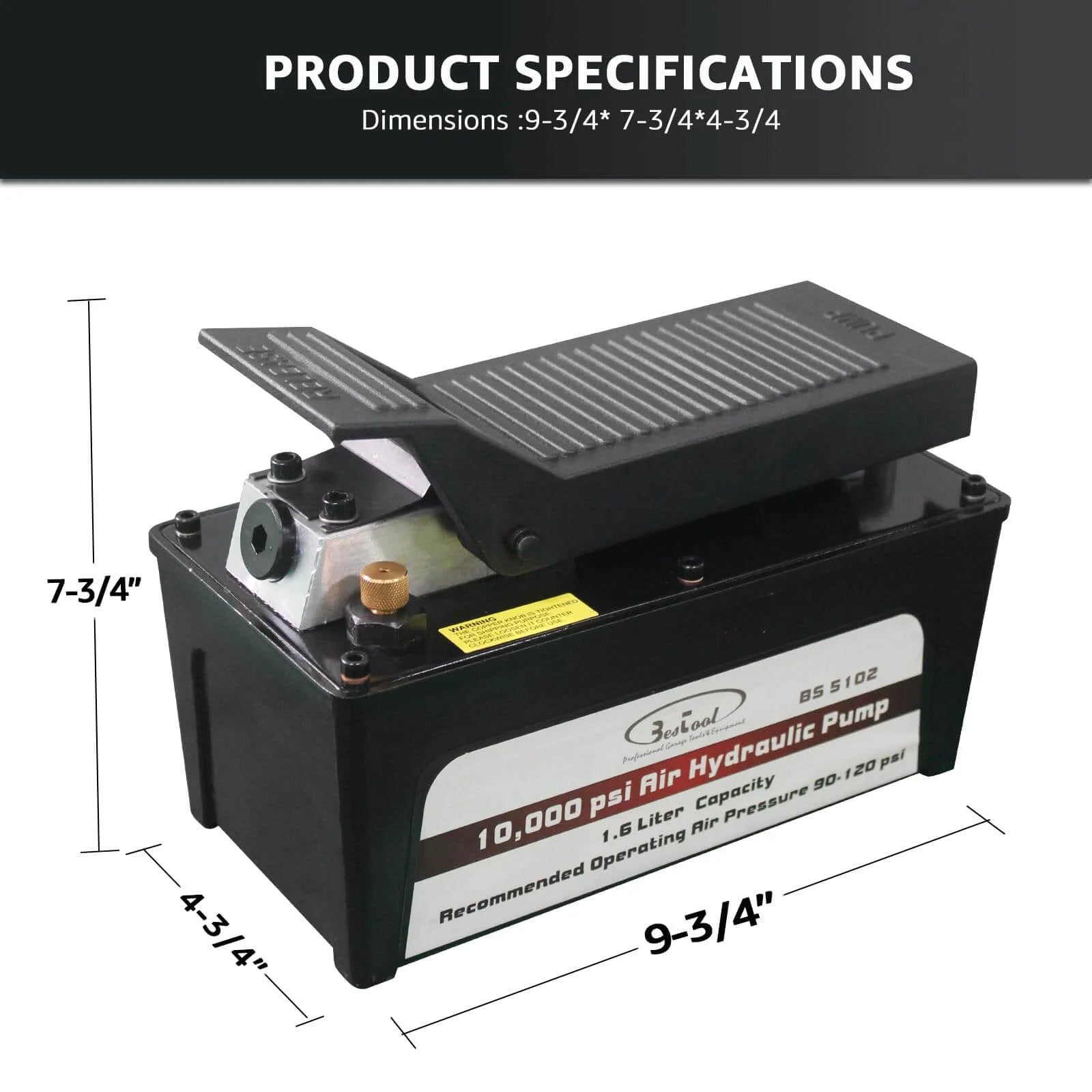 BESTOOL 10,000 PSI, 1/2 Gal Reservoir Foot-Operated Air Hydraulic Pump for Heavy Machinery Lifter & Auto Repair, dimensions labeled