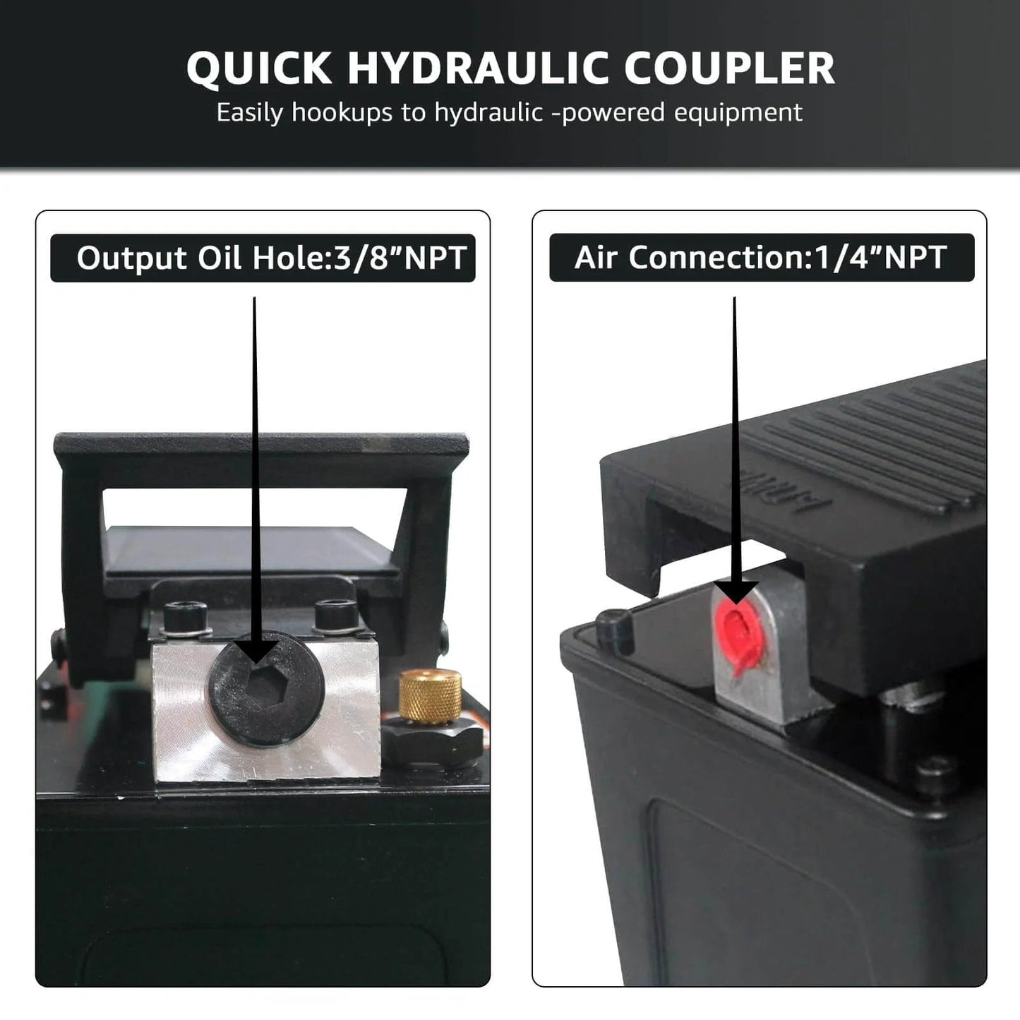 Close-up of BESTOOL 10,000 PSI, 1/2 Gal Reservoir Foot-Operated Air Hydraulic Pump showing the quick hydraulic coupler and NPT connections.