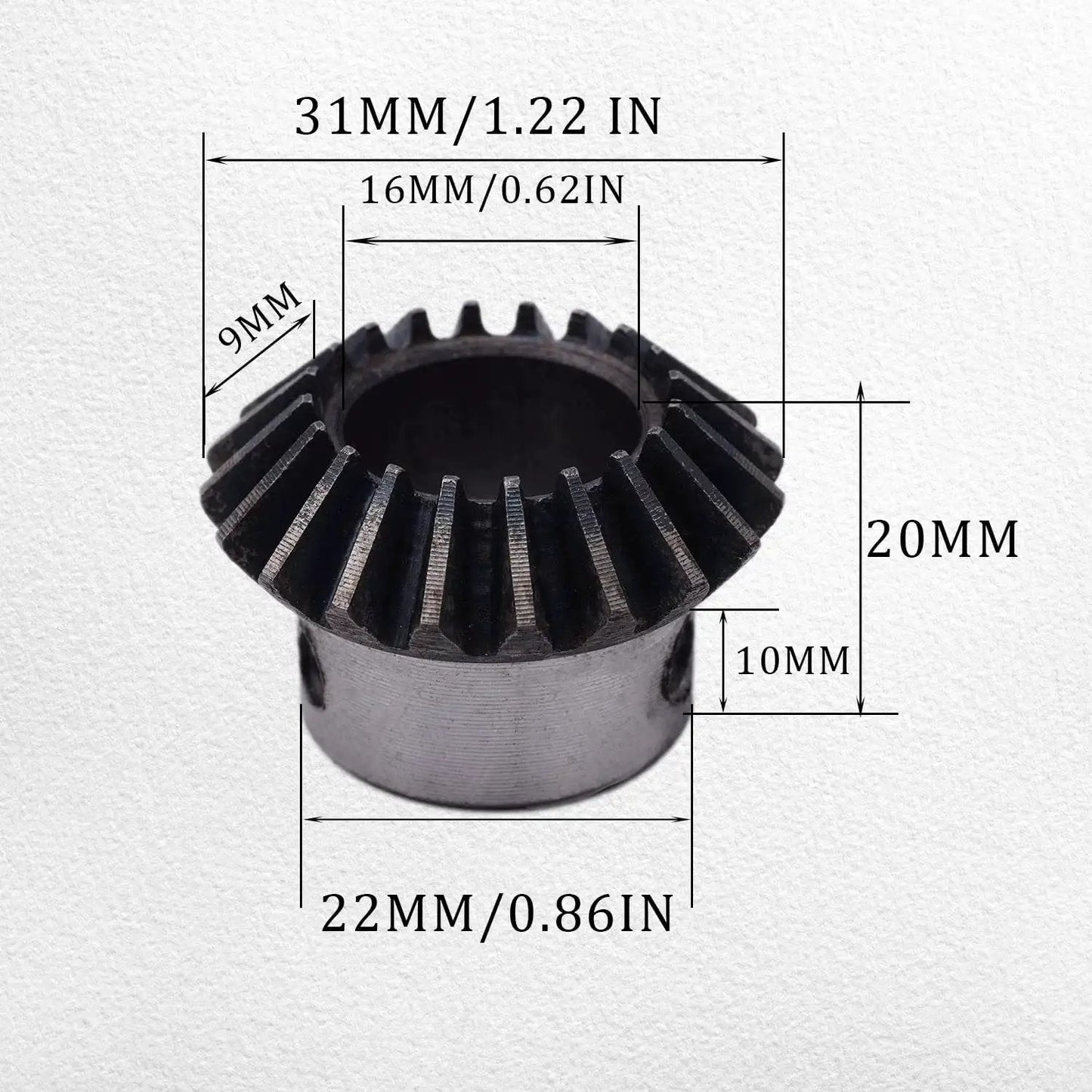 Two Piece Bevel Gear Set 1.5 Module Tapered Bevel Pinion Gears For Hardware And Machinery, 20 Tooth With 16mm Hole, dimensions shown