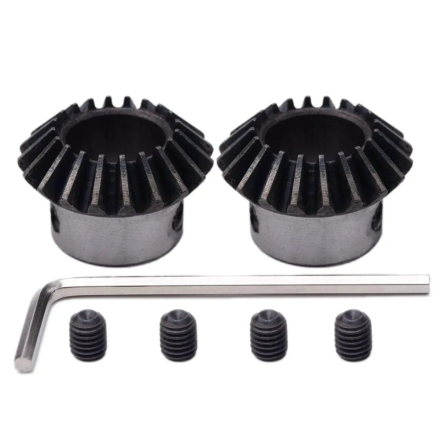 Two Piece Bevel Gear Set 1.5 Module Tapered Bevel Pinion Gears For Hardware And Machinery, showing two gears with 16mm hole, wrench and screws